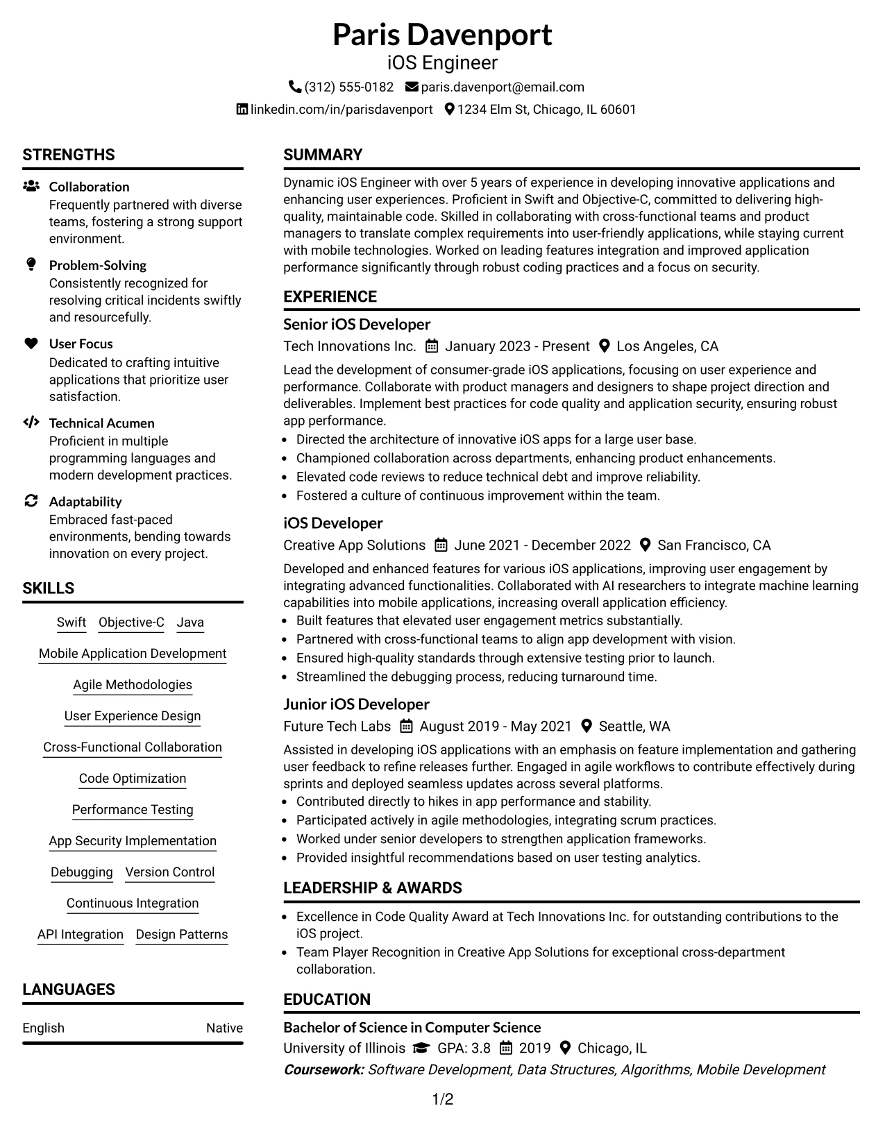 Resume Example Page 1