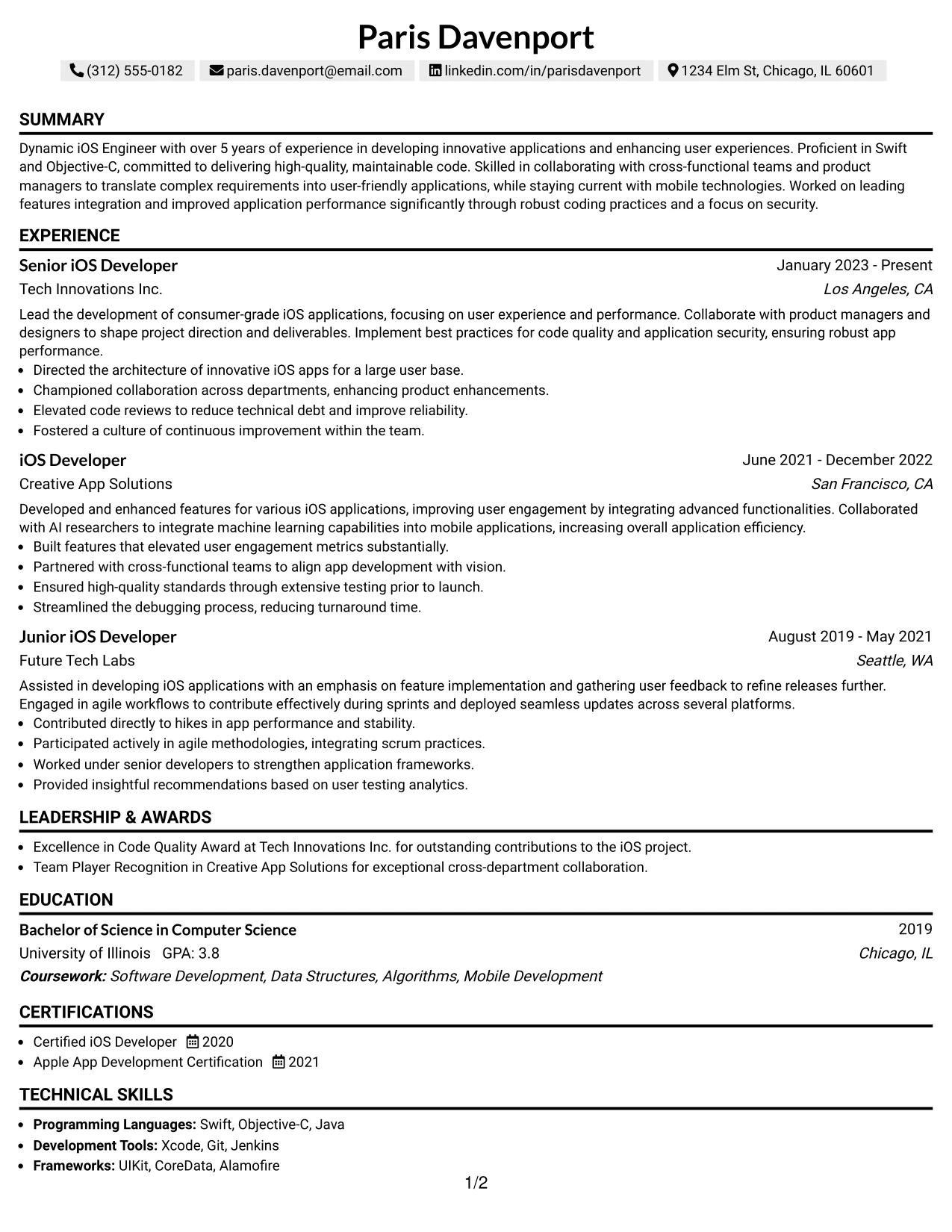 Resume Example Page 1