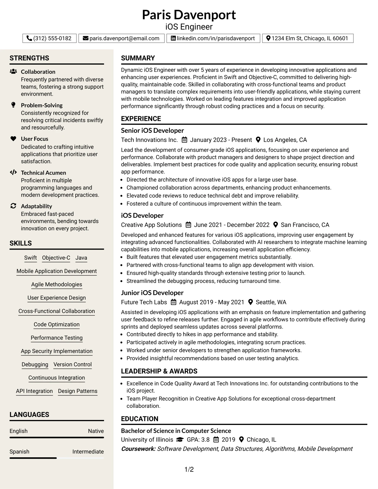 Resume Example Page 1
