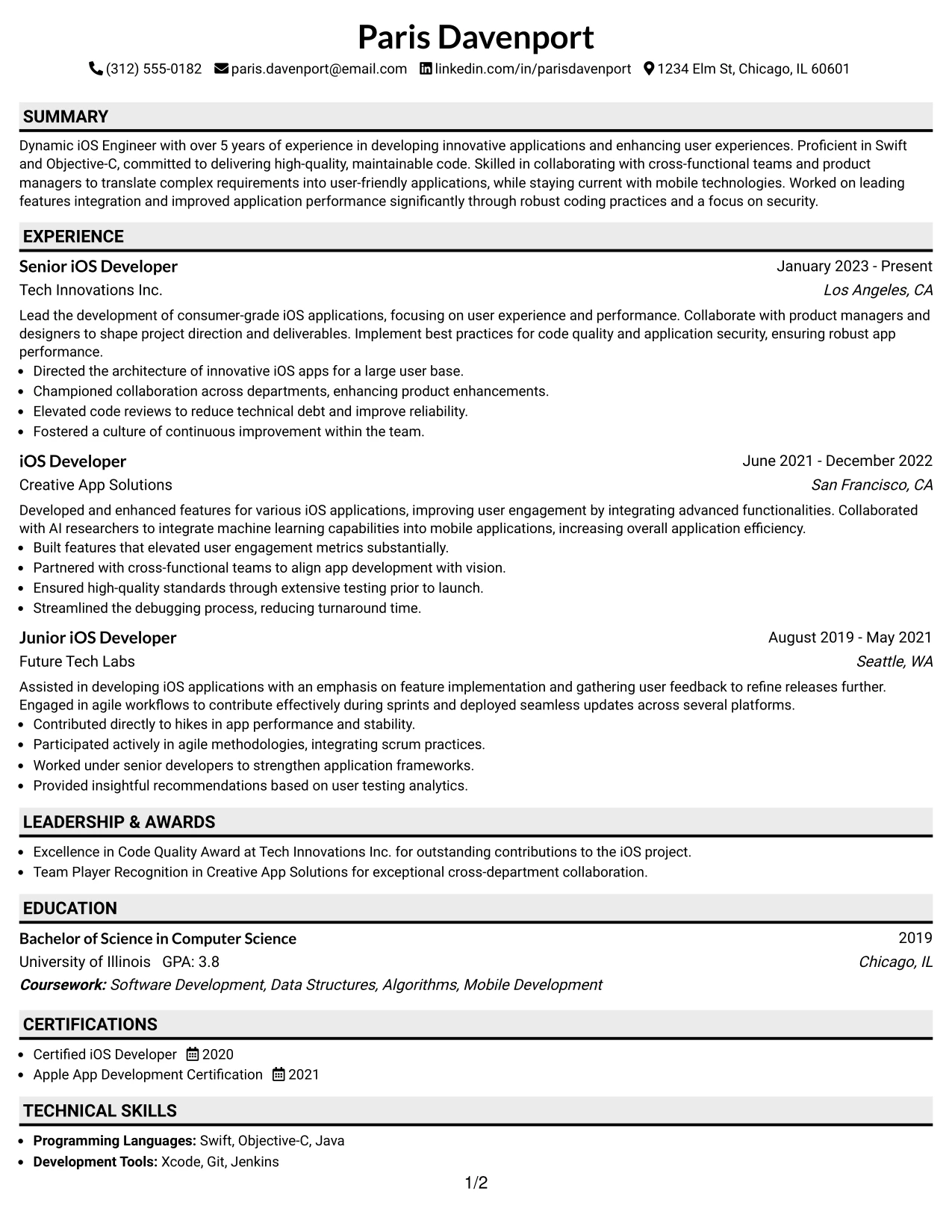 Resume Example Page 1
