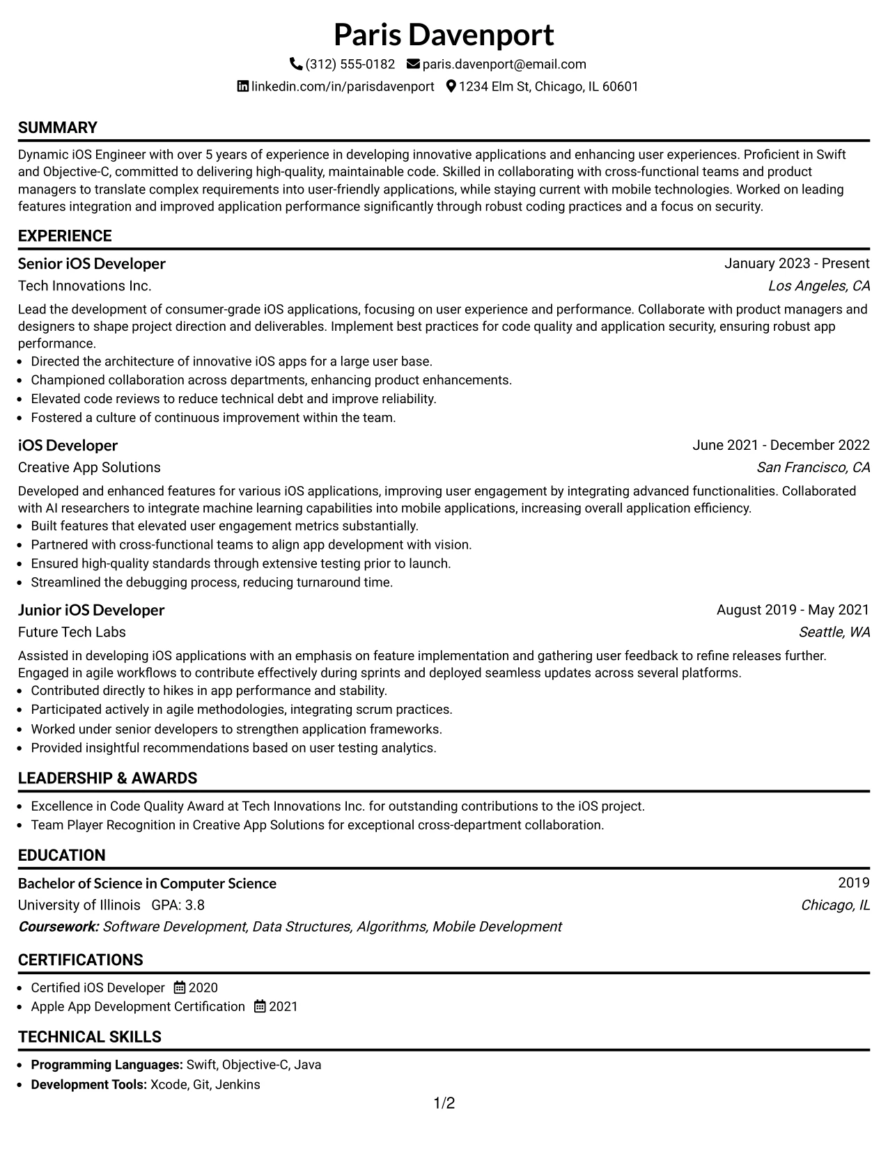 Resume Example Page 1