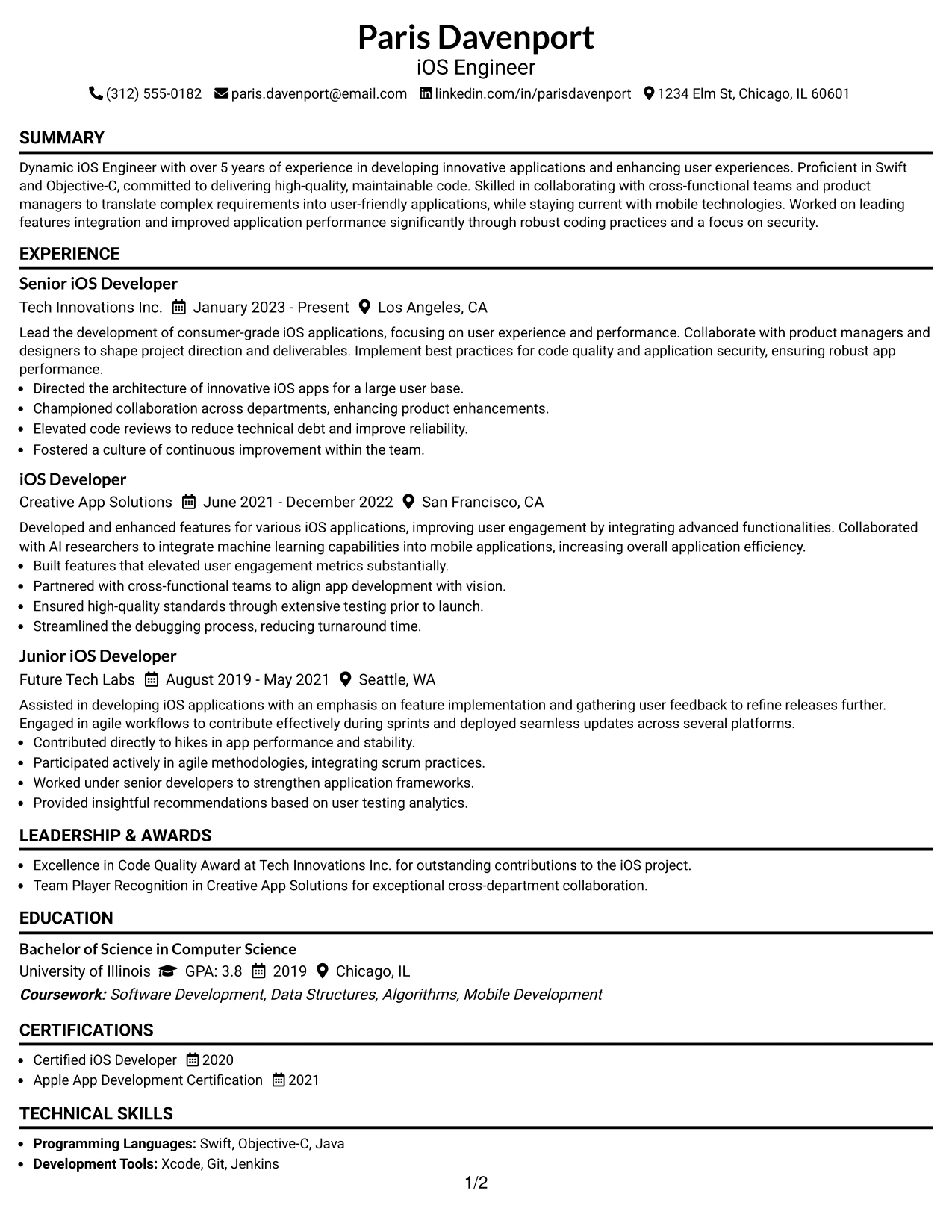 Resume Example Page 1
