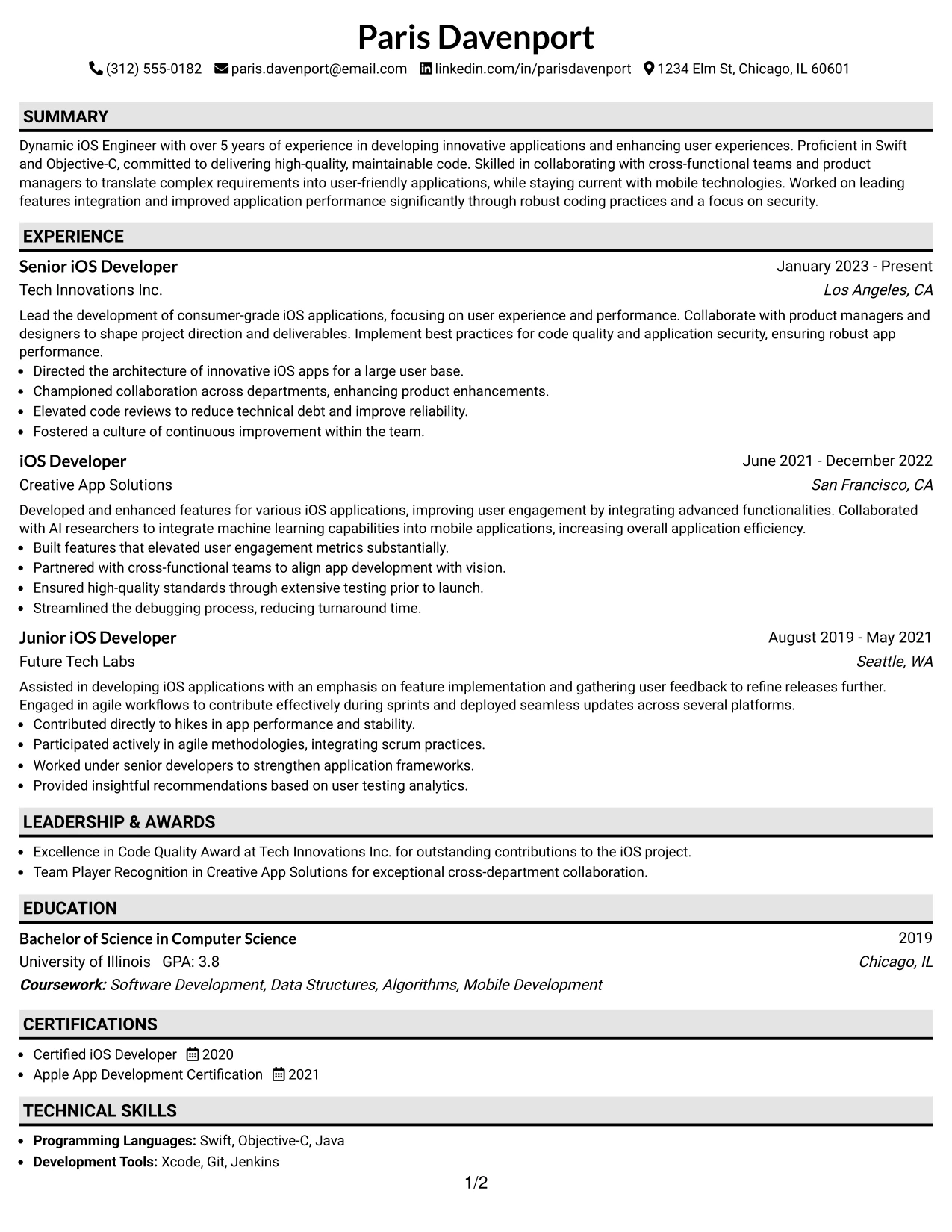 Resume Example Page 1