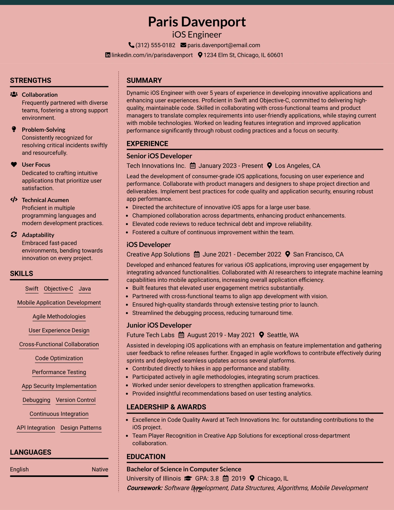 Resume Example Page 1