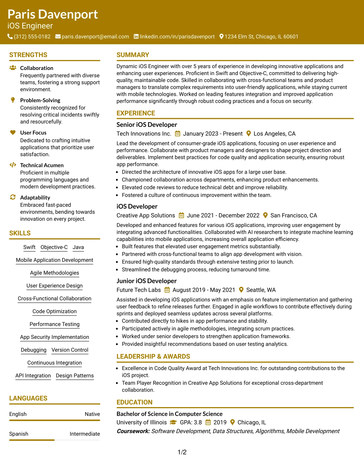 Resume Example Page 1