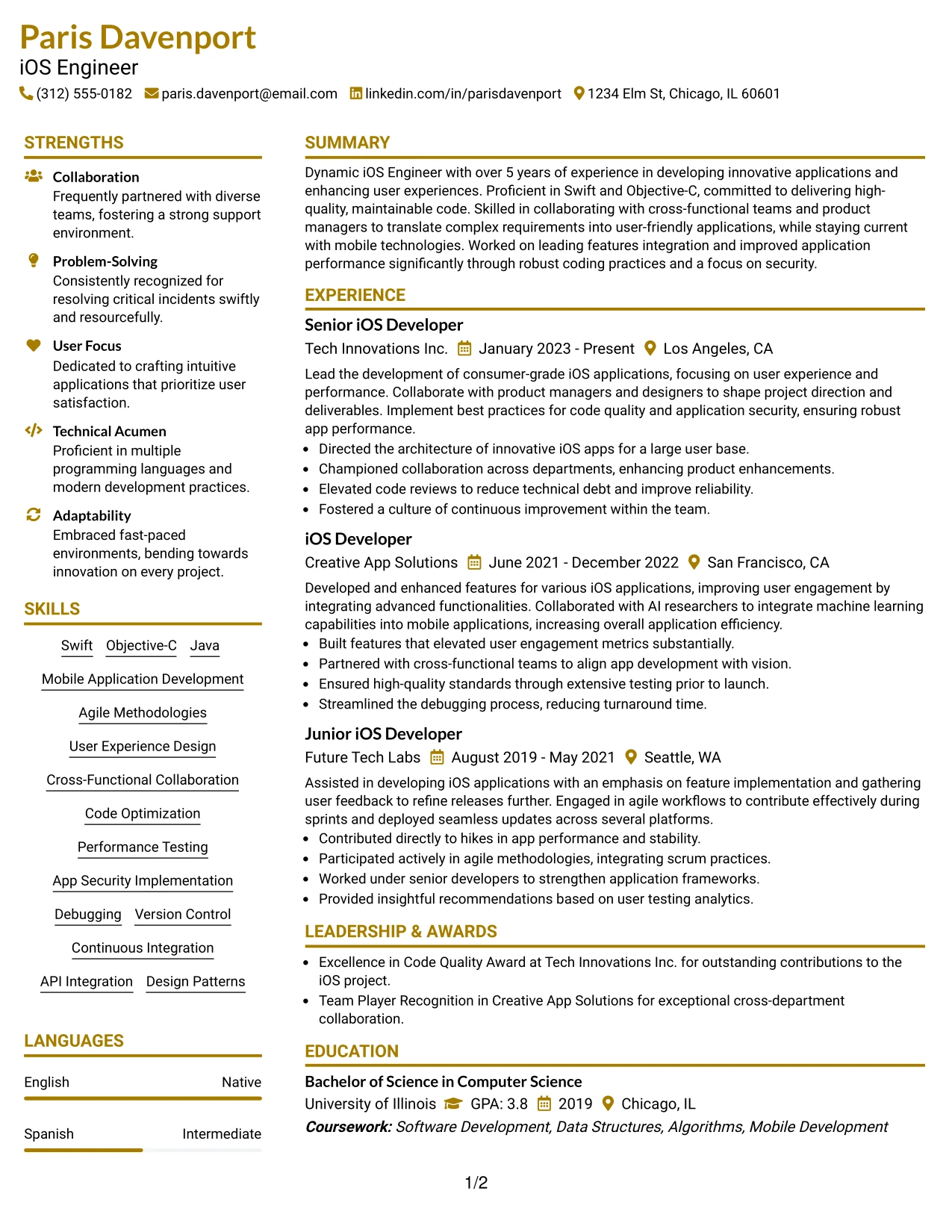 Resume Example Page 1