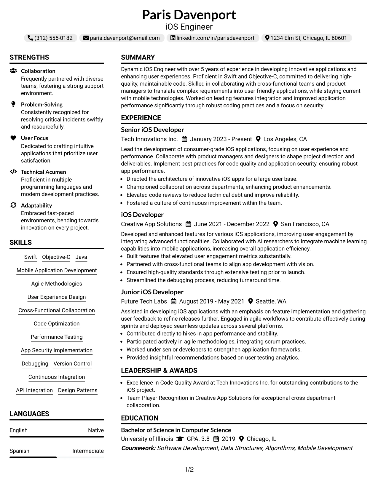 Resume Example Page 1