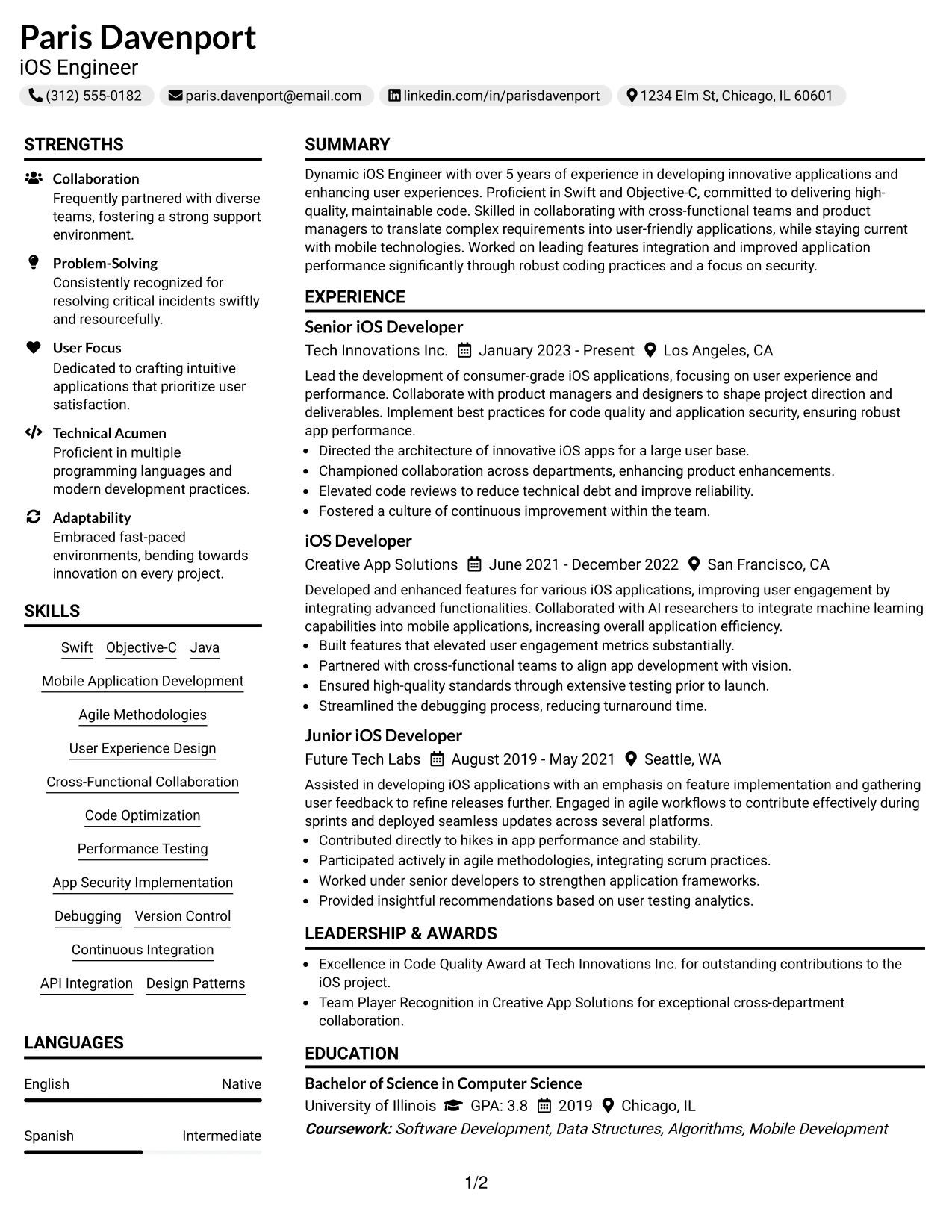 Resume Example Page 1