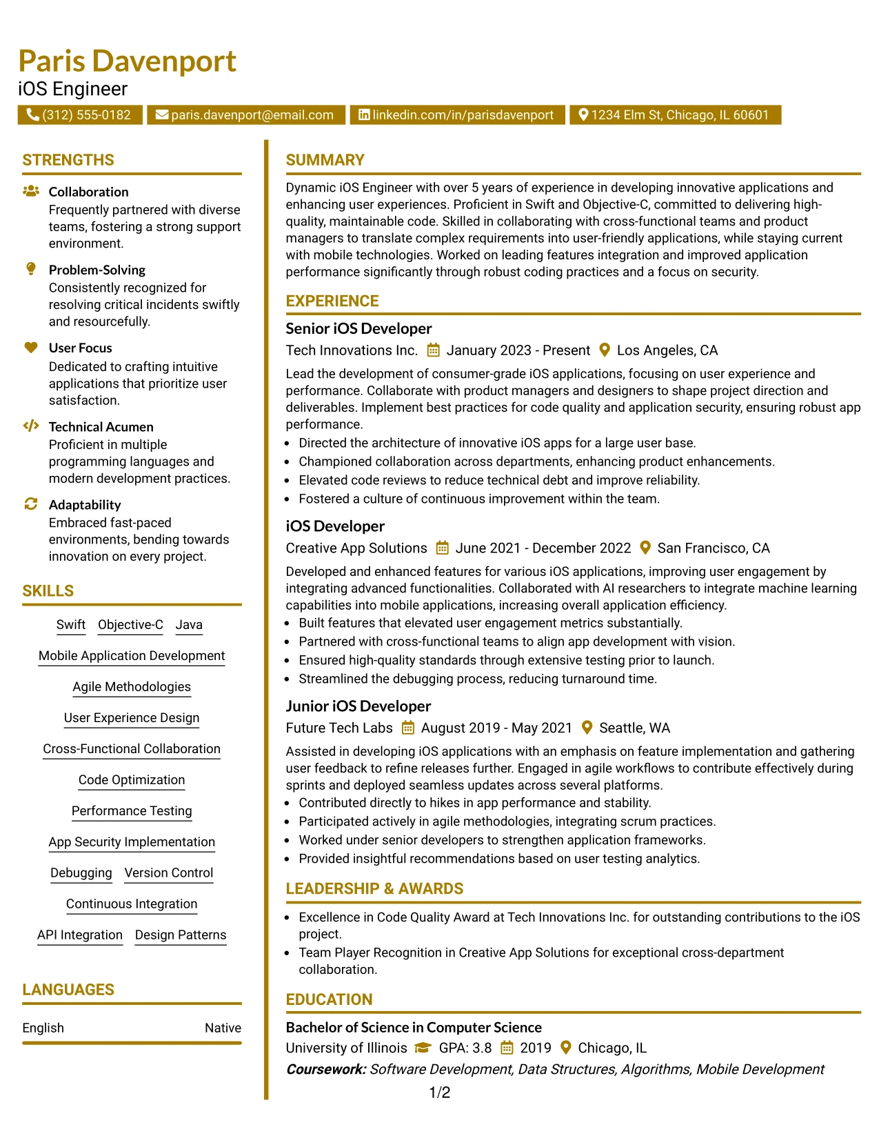 Resume Example Page 1