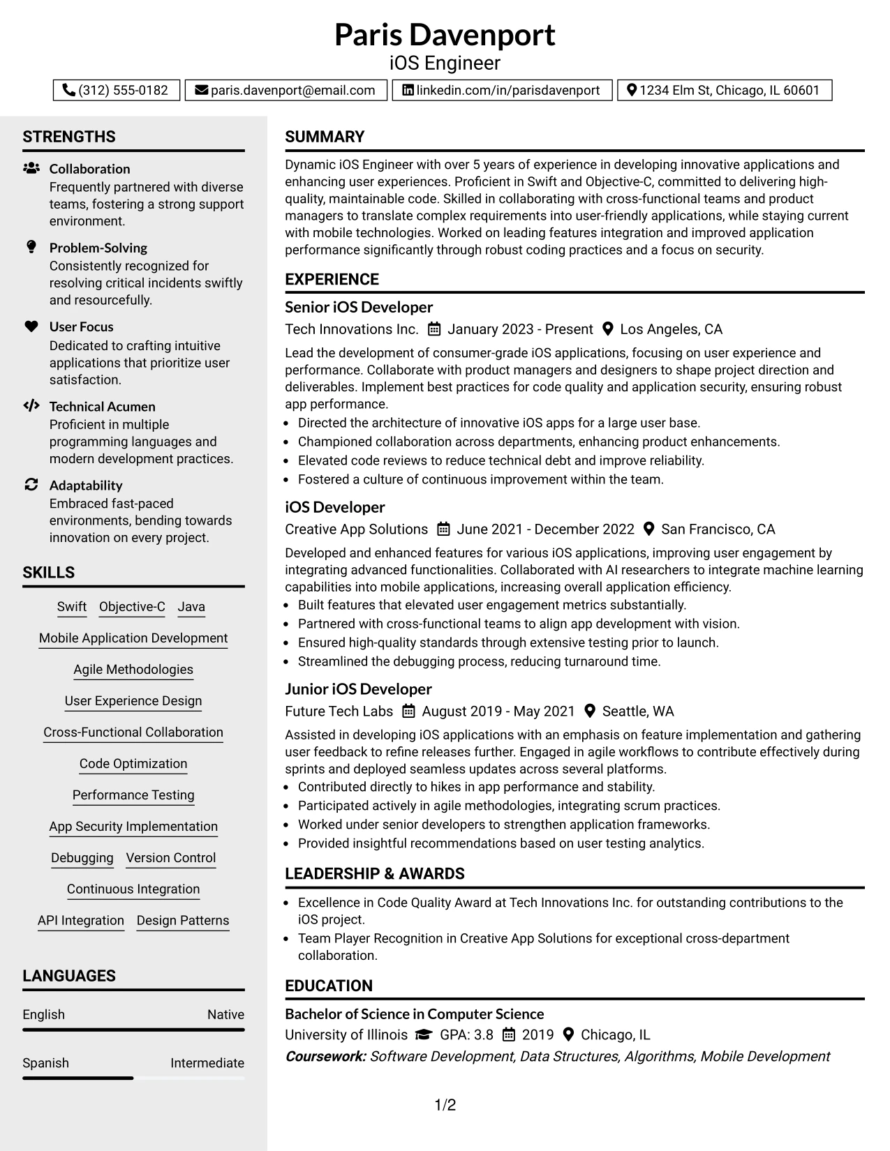 Resume Example Page 1