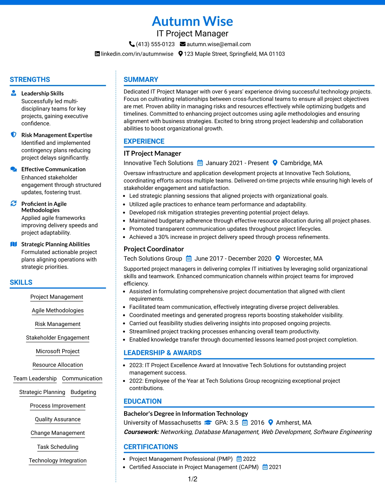 Resume Example Page 1