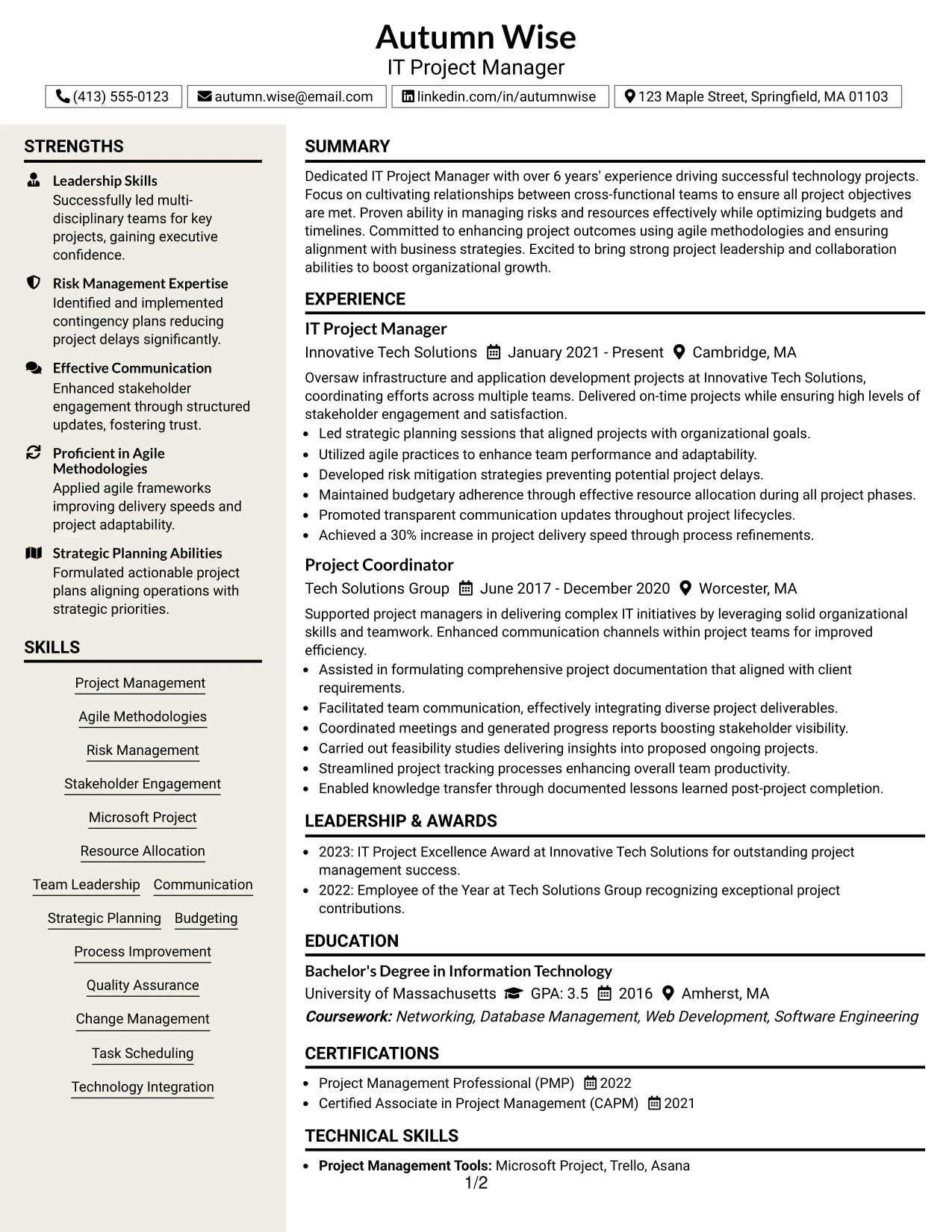 Resume Example Page 1