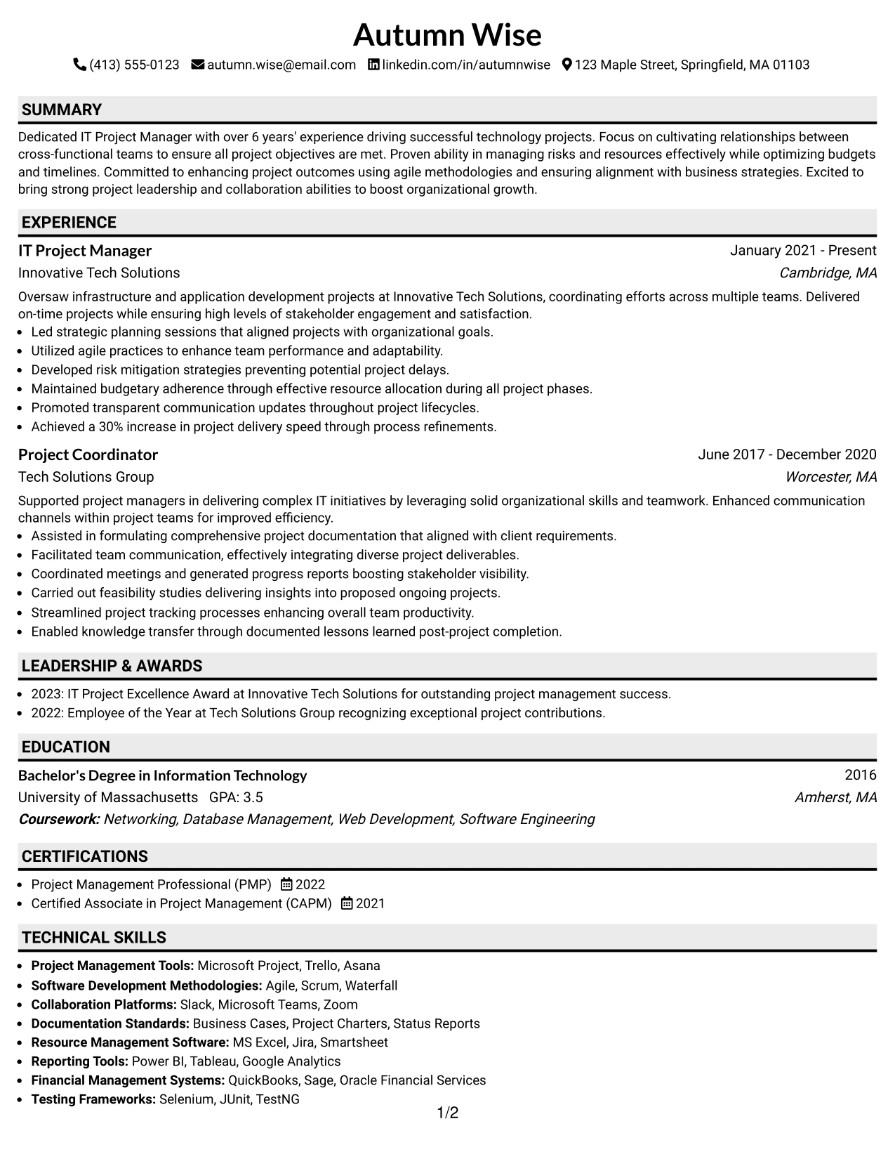 Resume Example Page 1