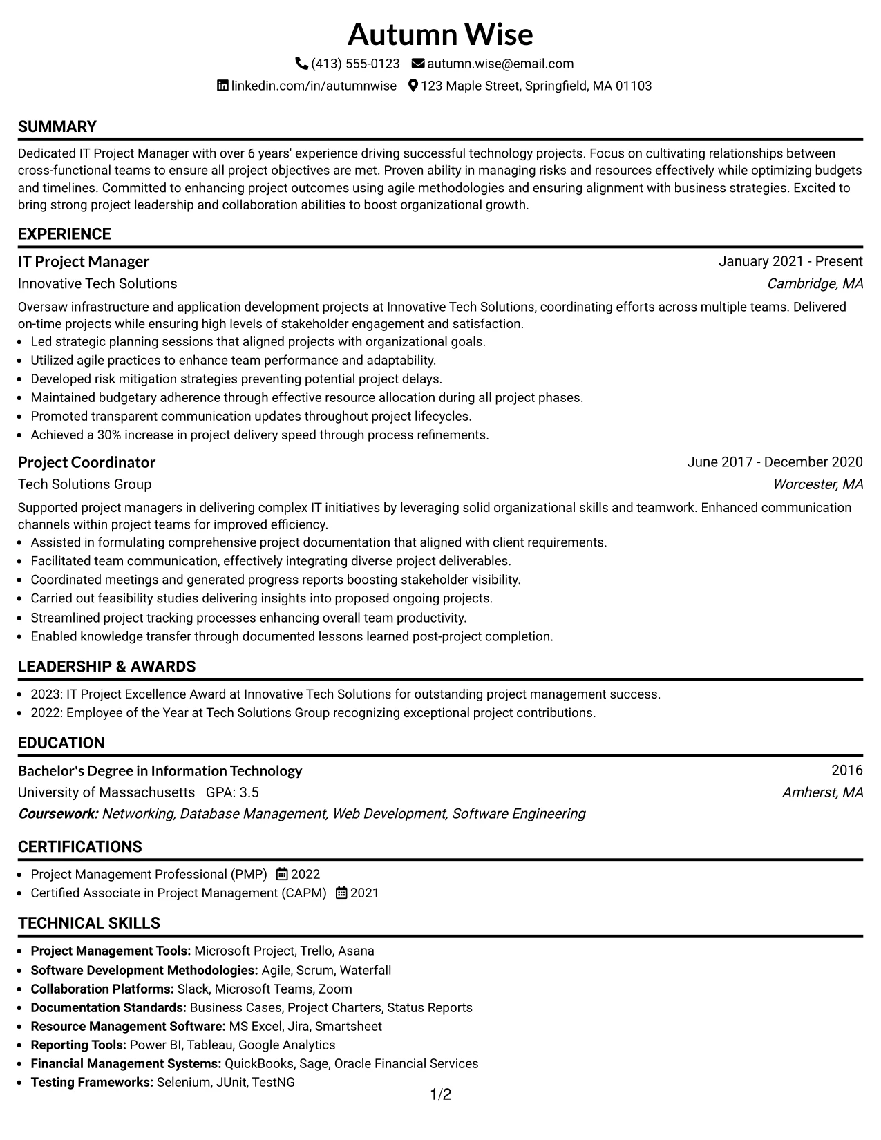 Resume Example Page 1