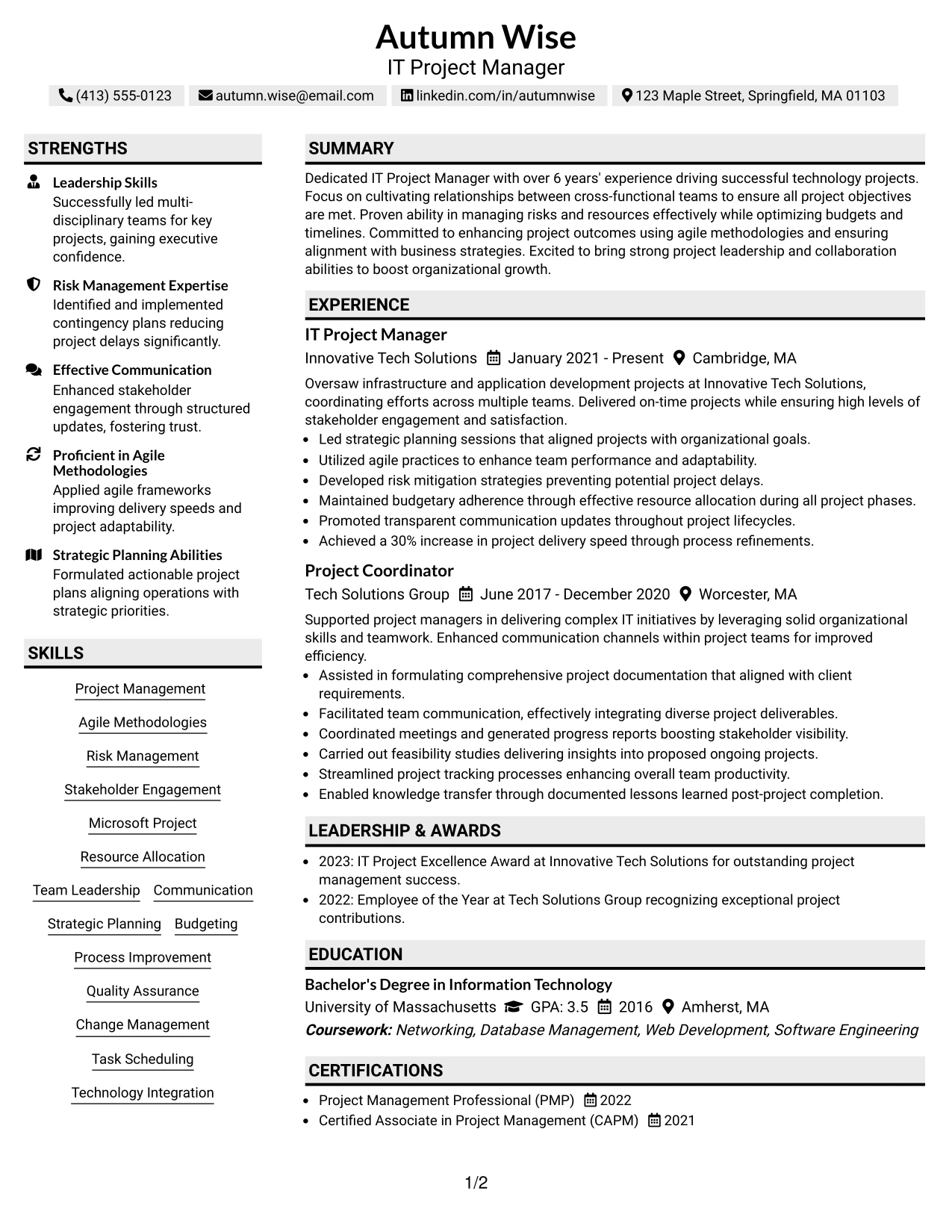 Resume Example Page 1