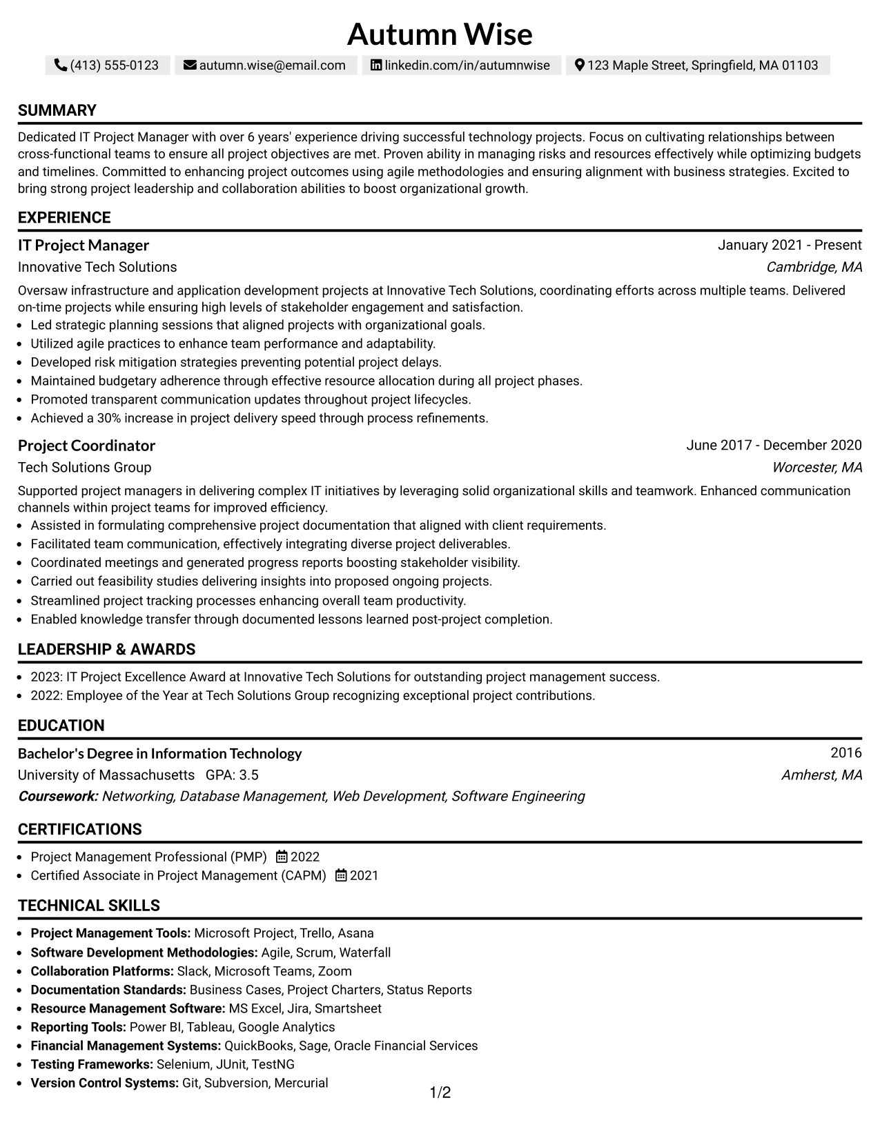 Resume Example Page 1
