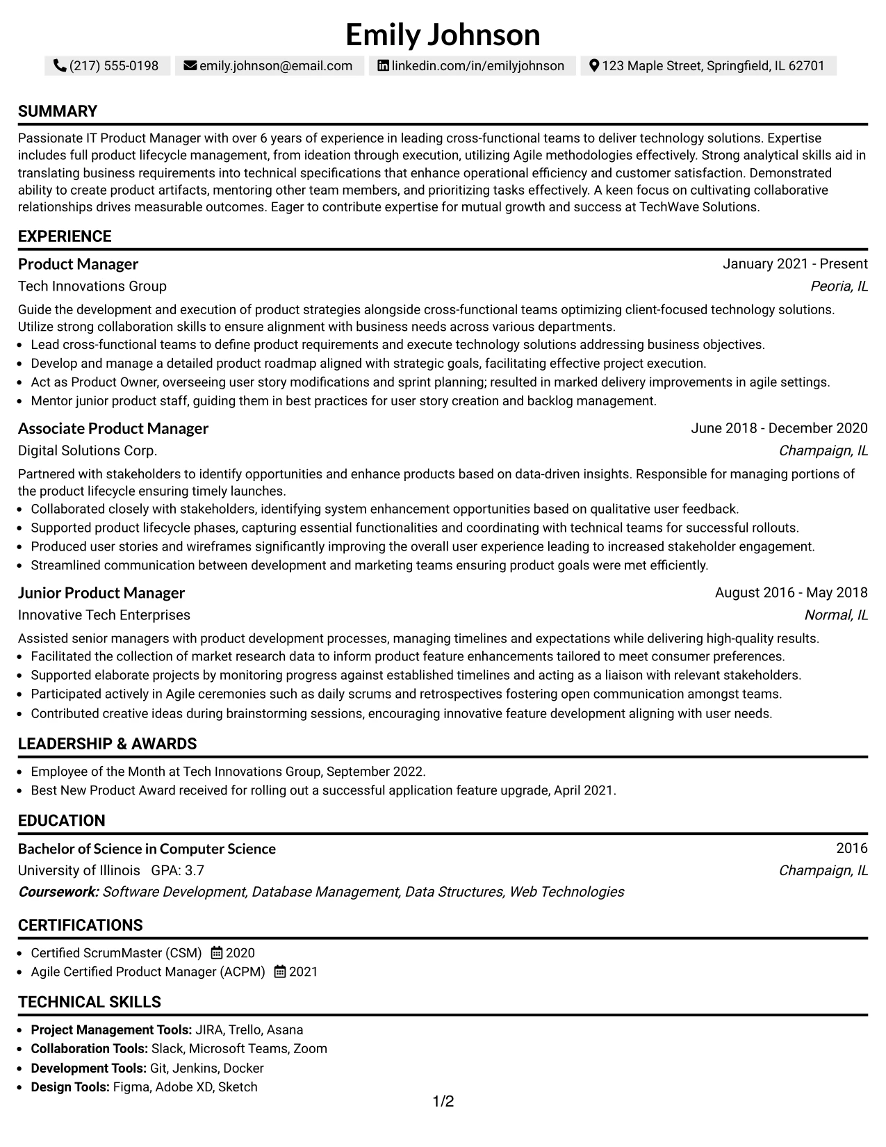 Resume Example Page 1