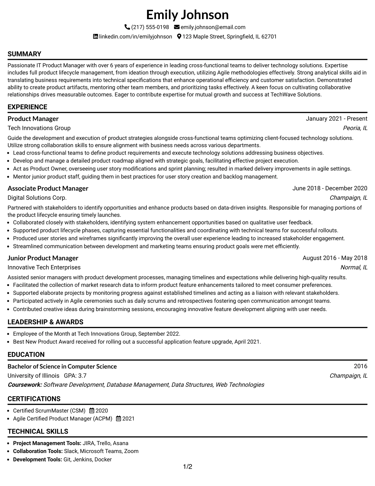 Resume Example Page 1