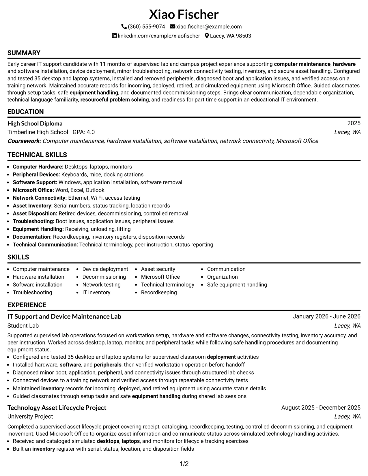Resume Example Page 1
