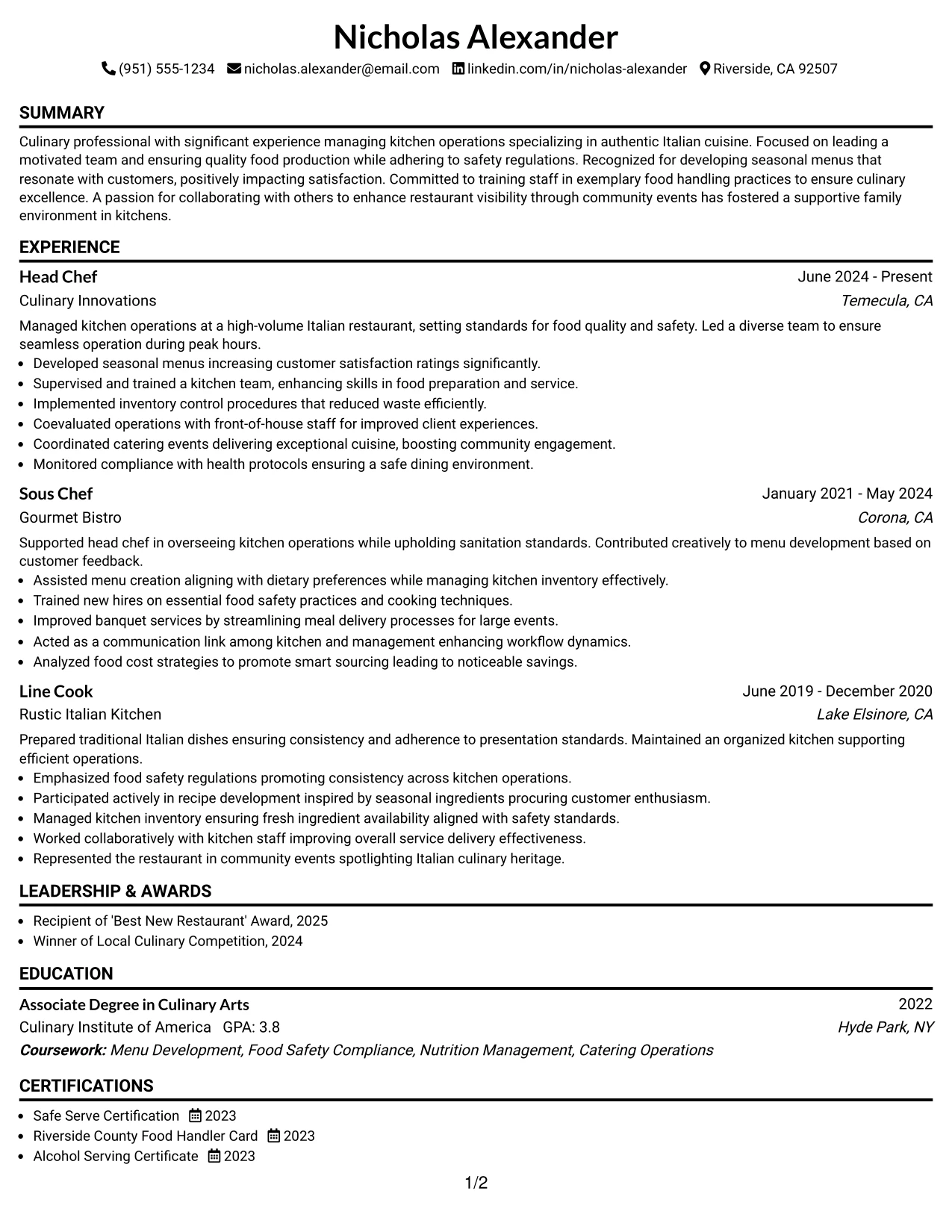 Resume Example Page 1
