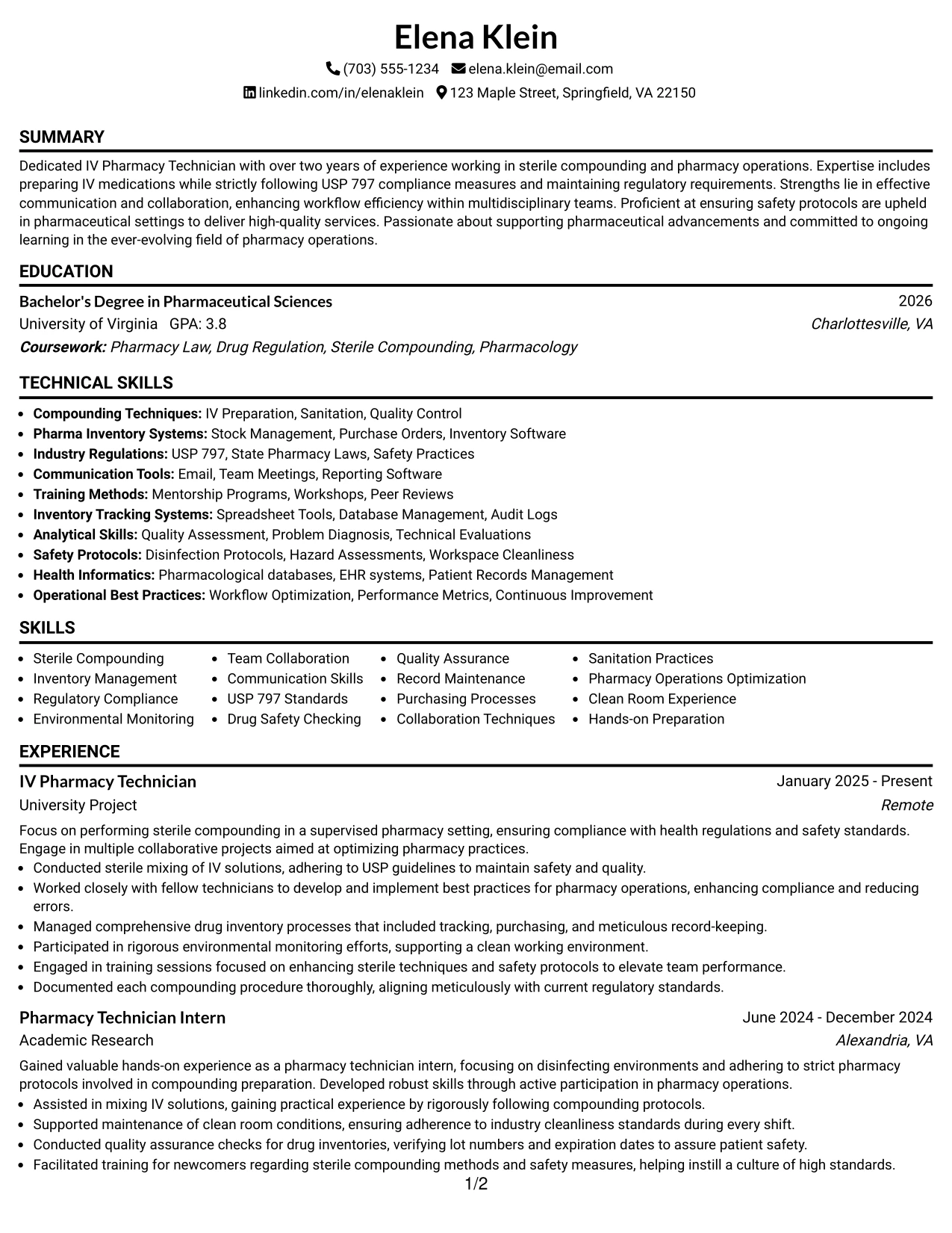 Resume Example Page 1