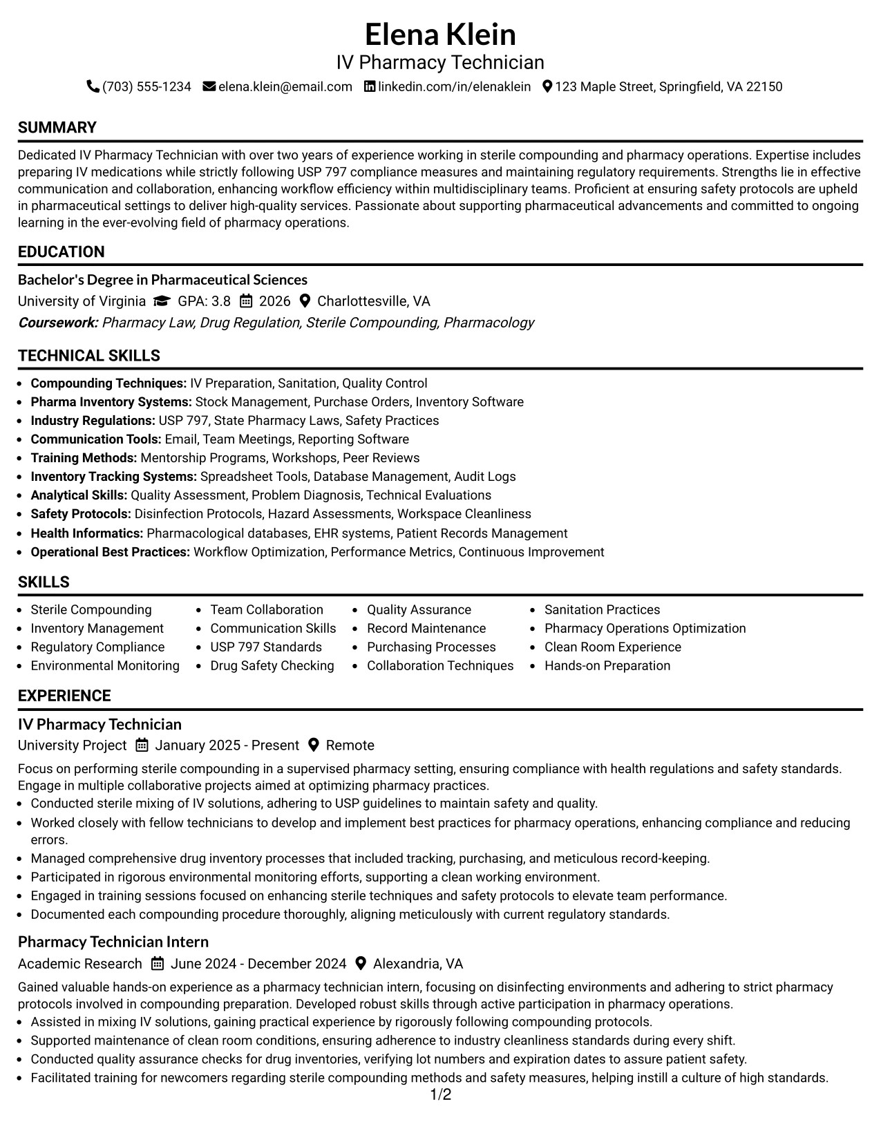 Resume Example Page 1