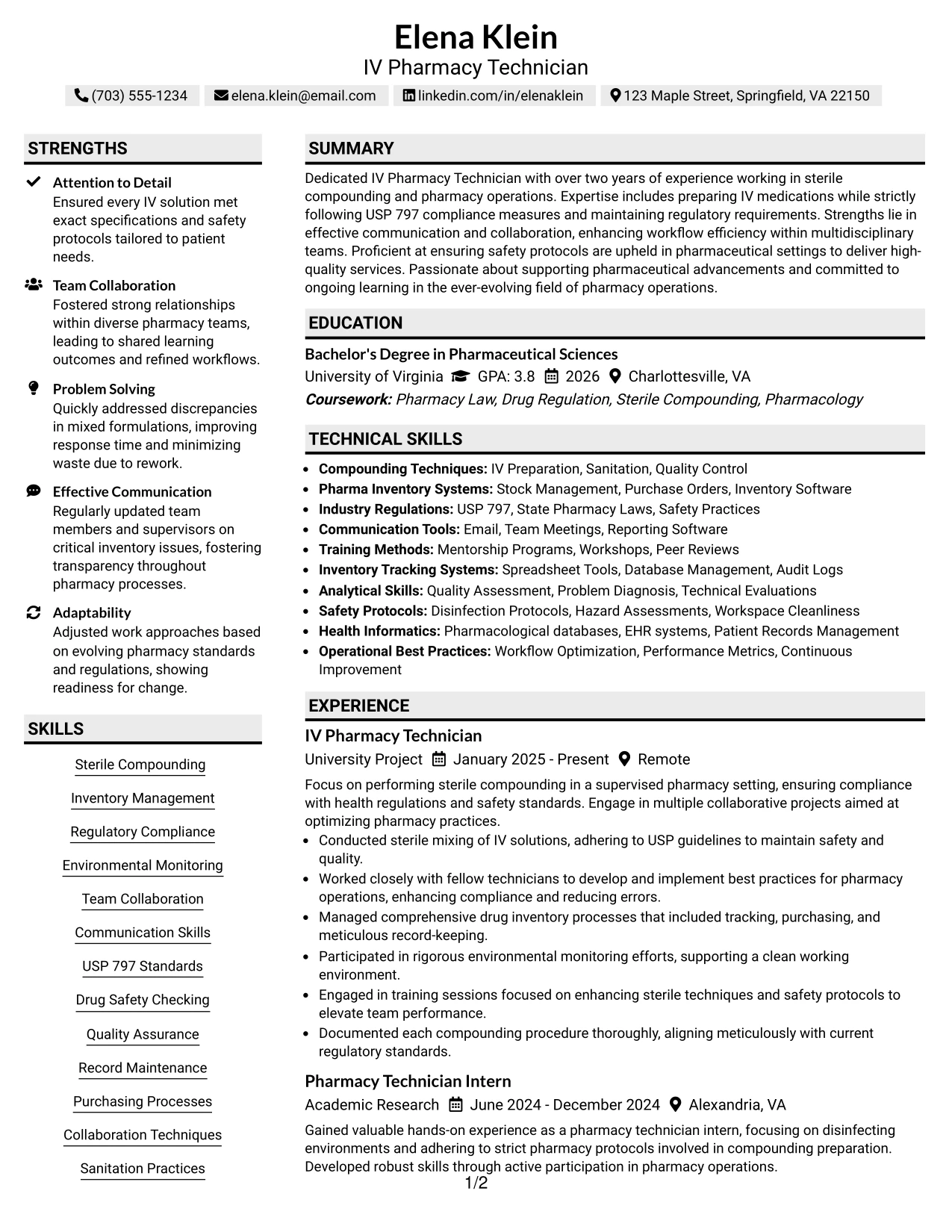Resume Example Page 1
