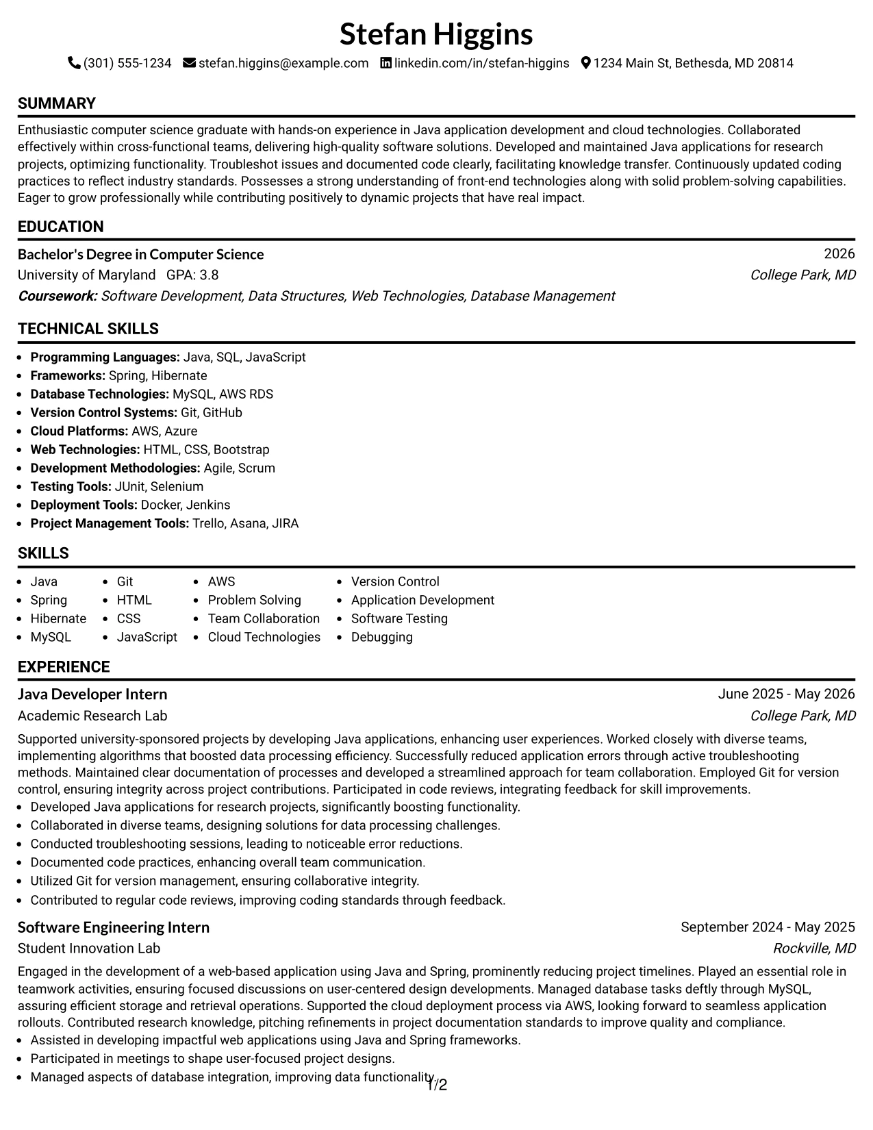 Resume Example Page 1