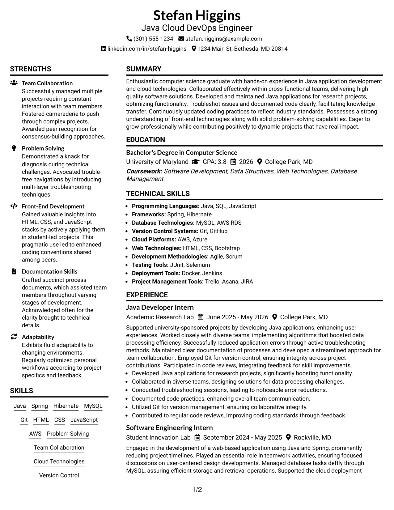Resume Example Page 1