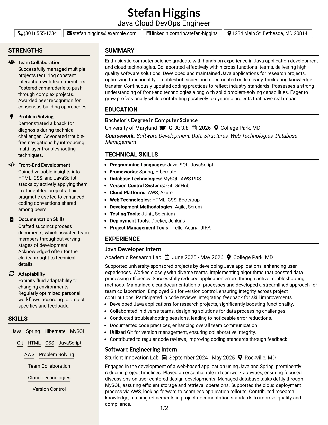 Resume Example Page 1