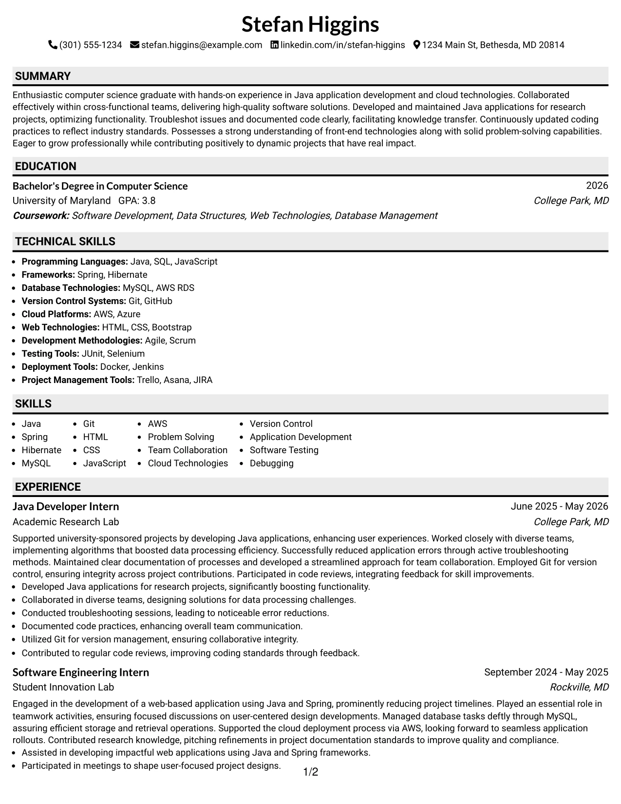 Resume Example Page 1
