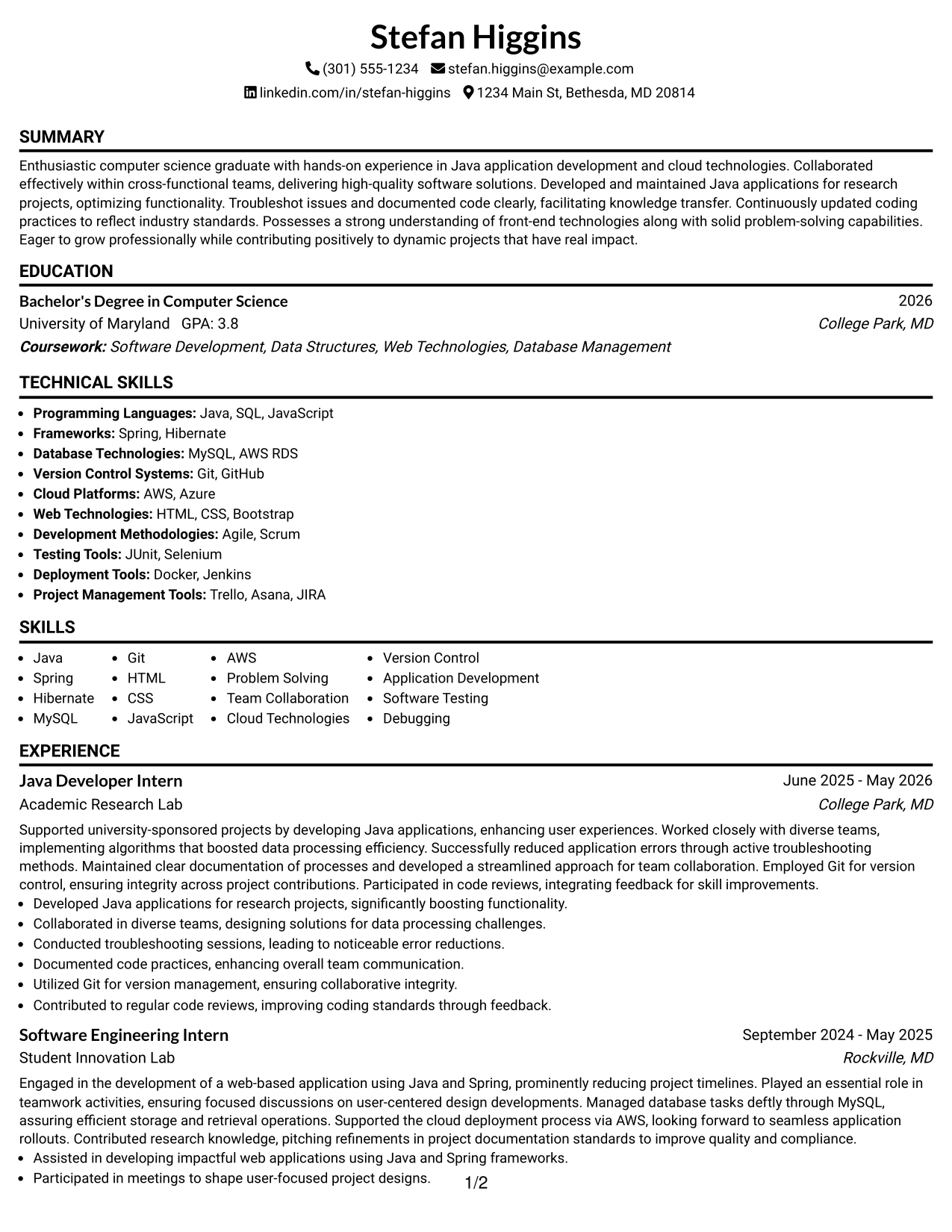 Resume Example Page 1