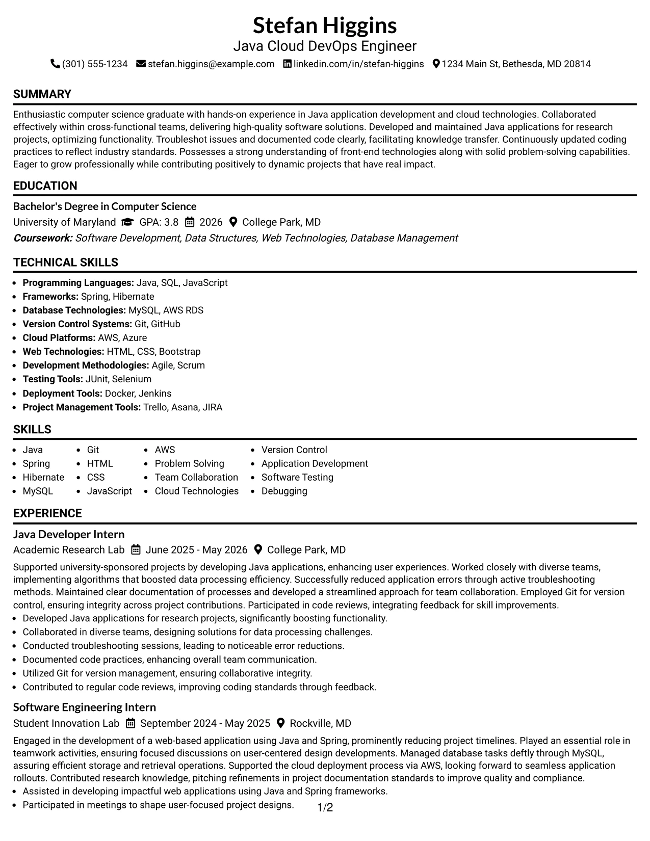 Resume Example Page 1
