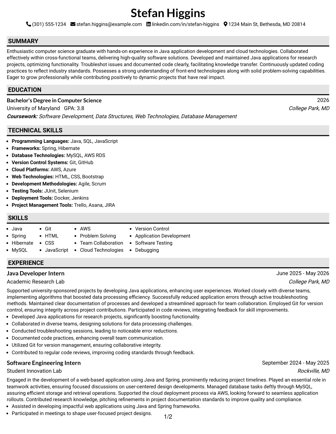 Resume Example Page 1