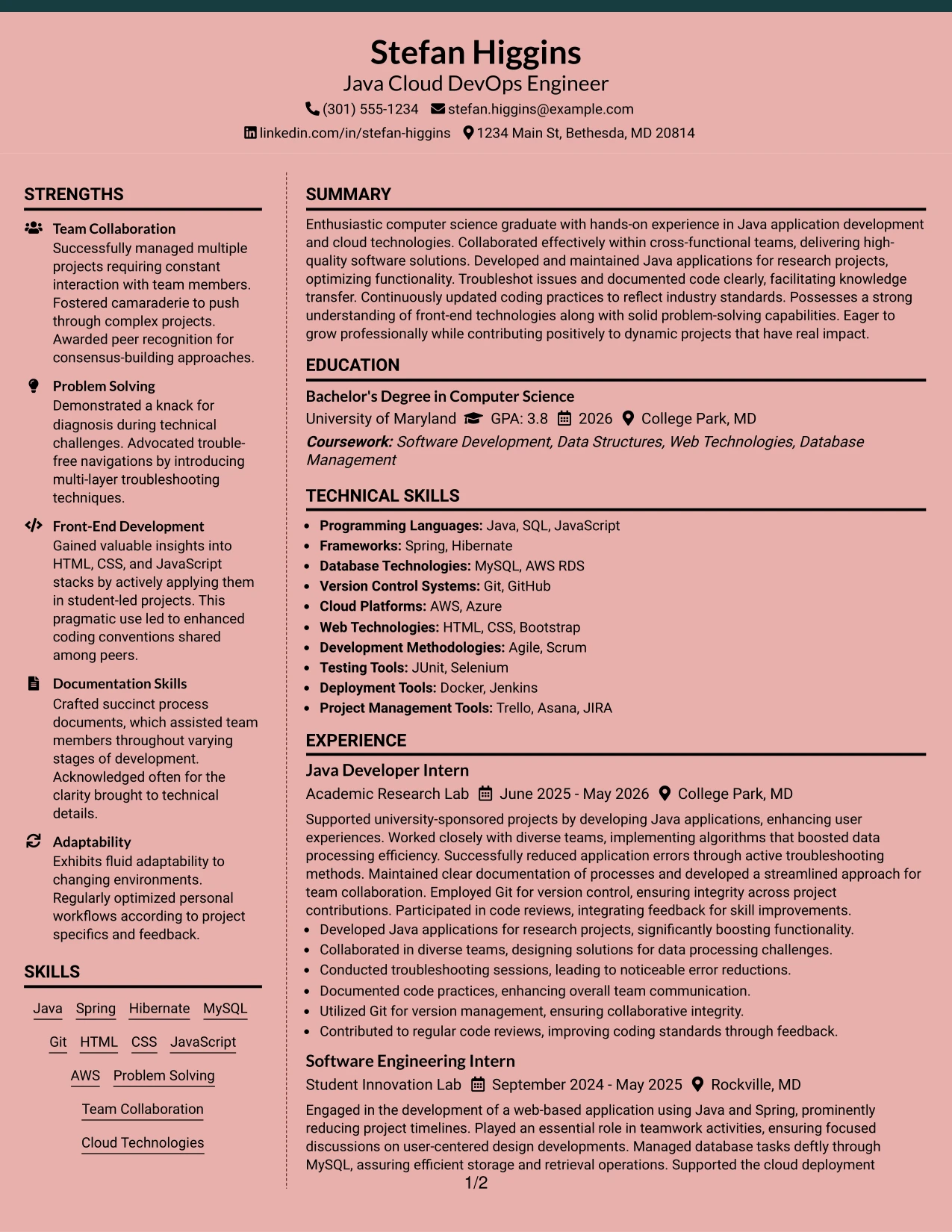 Resume Example Page 1
