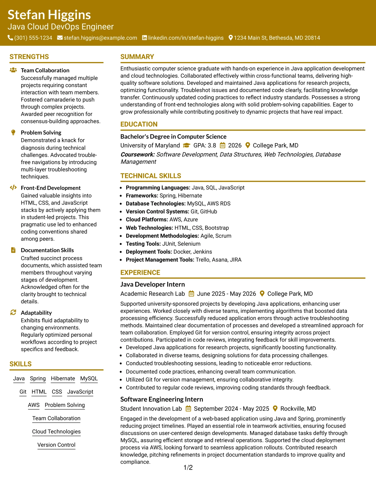 Resume Example Page 1