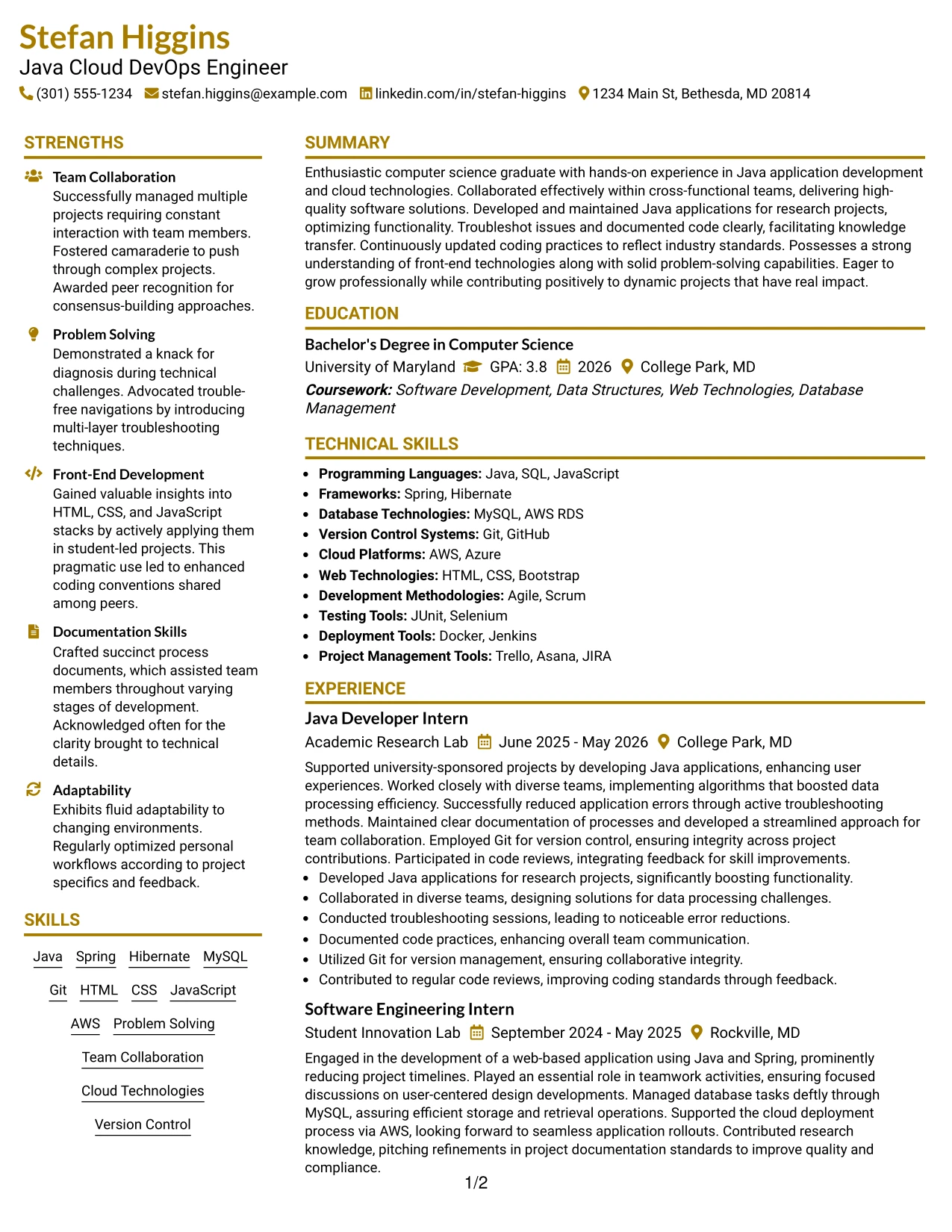 Resume Example Page 1
