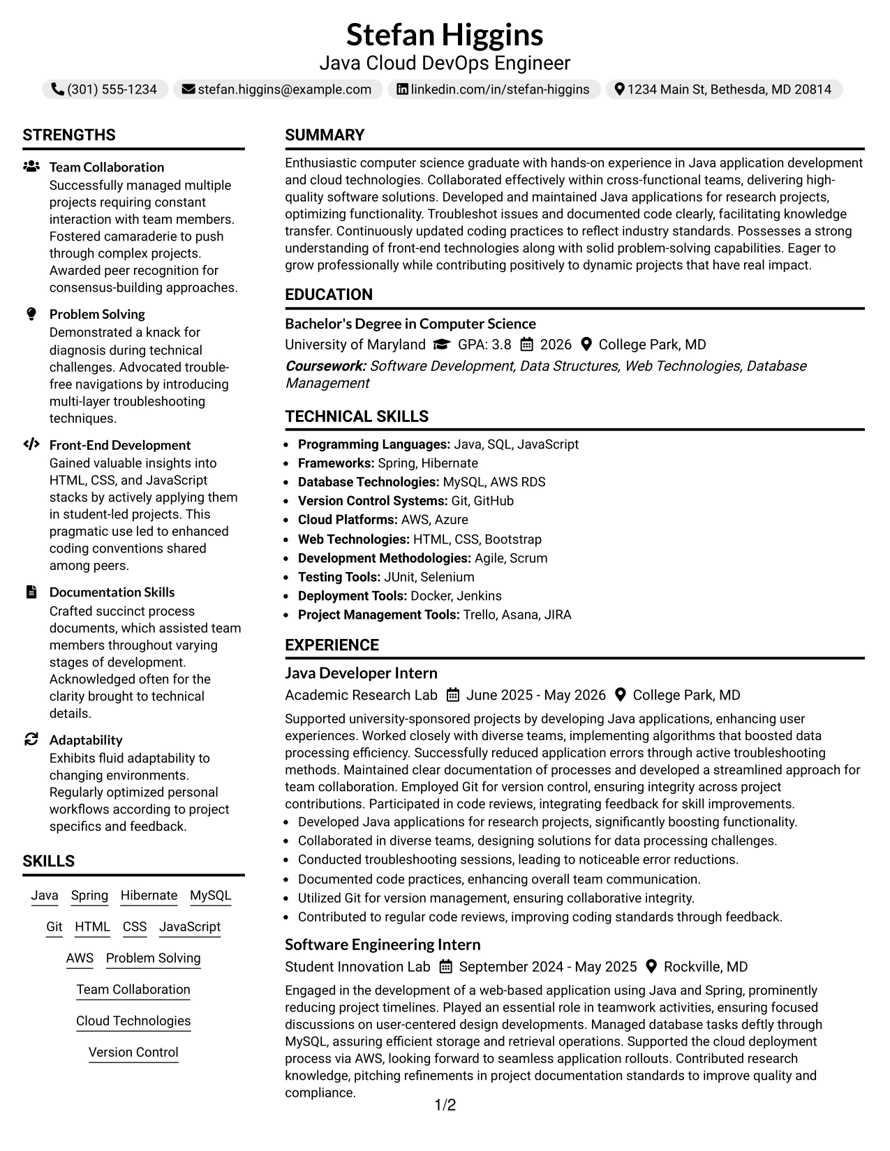 Resume Example Page 1