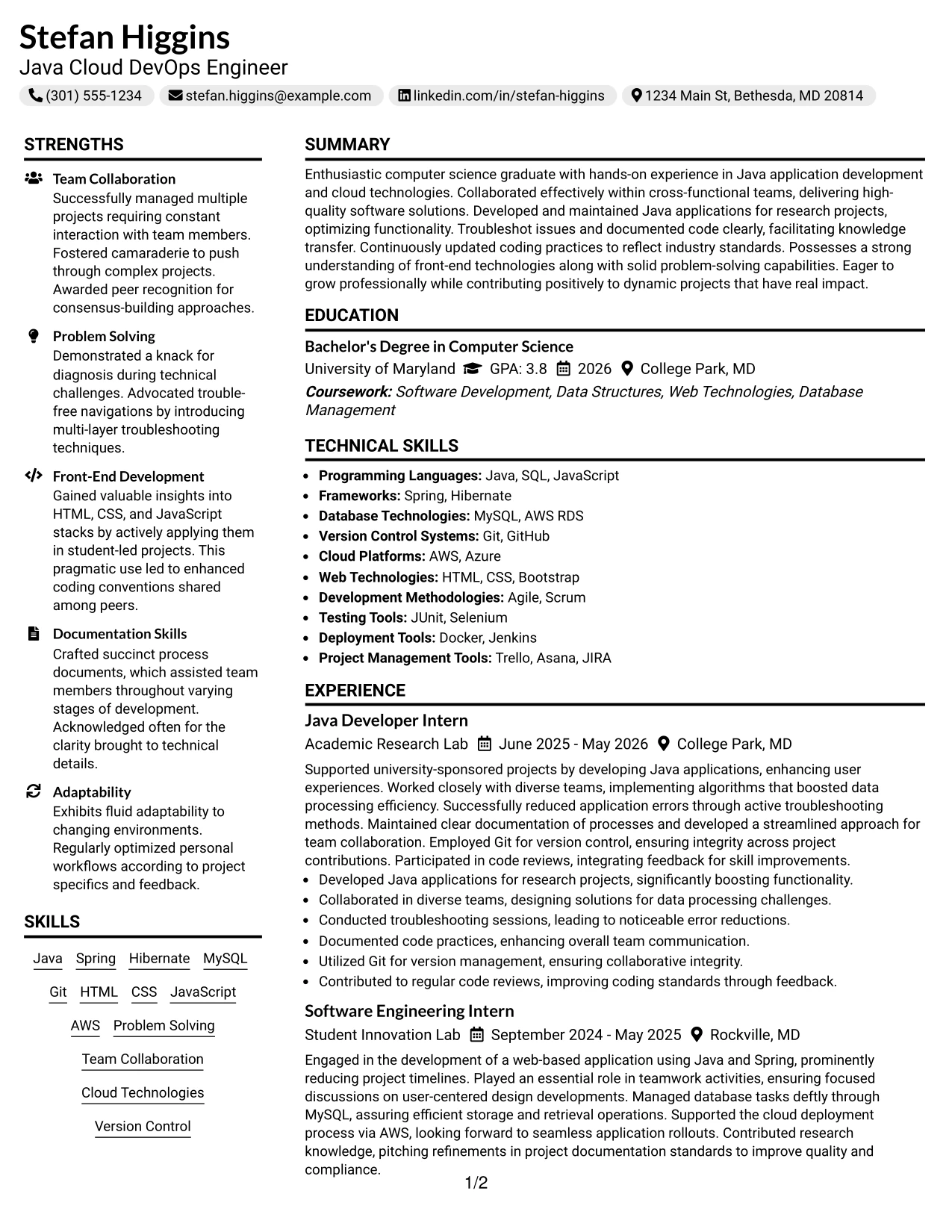 Resume Example Page 1