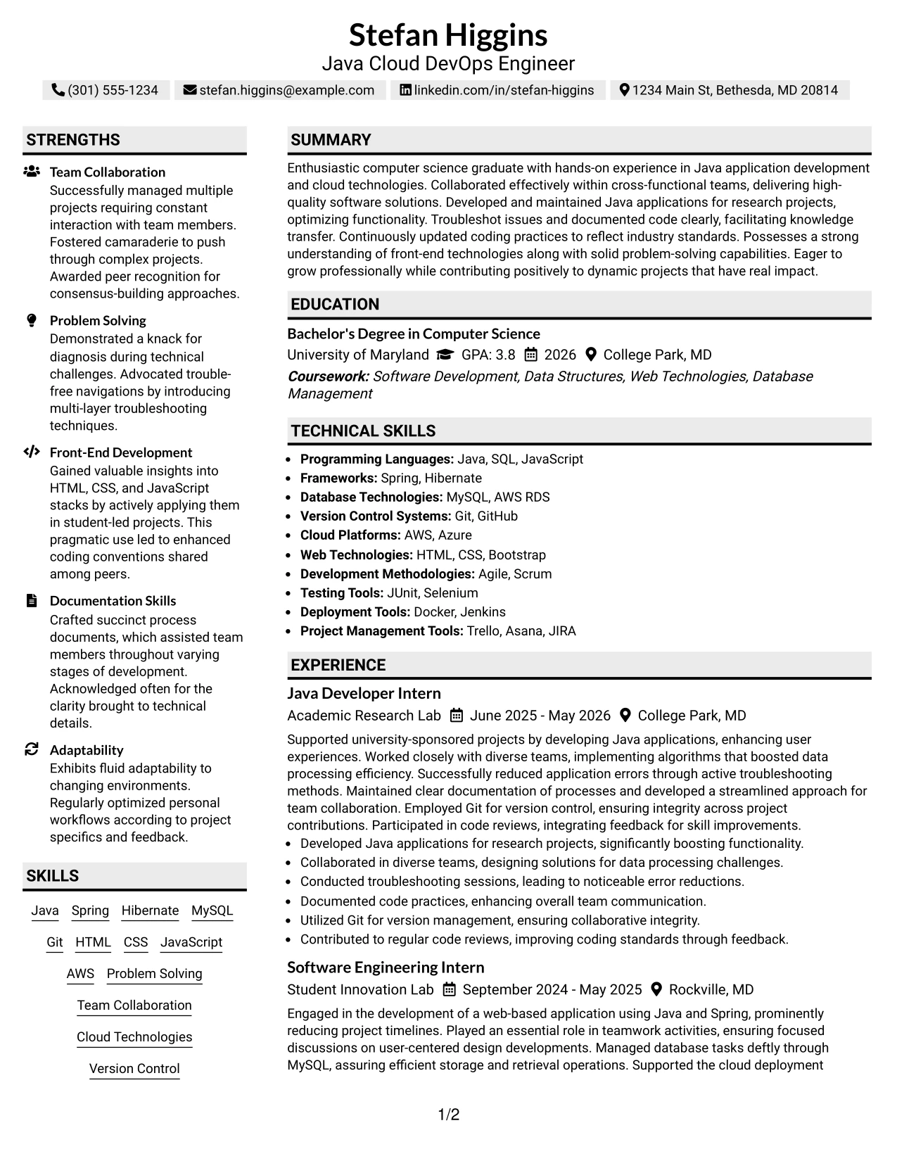 Resume Example Page 1