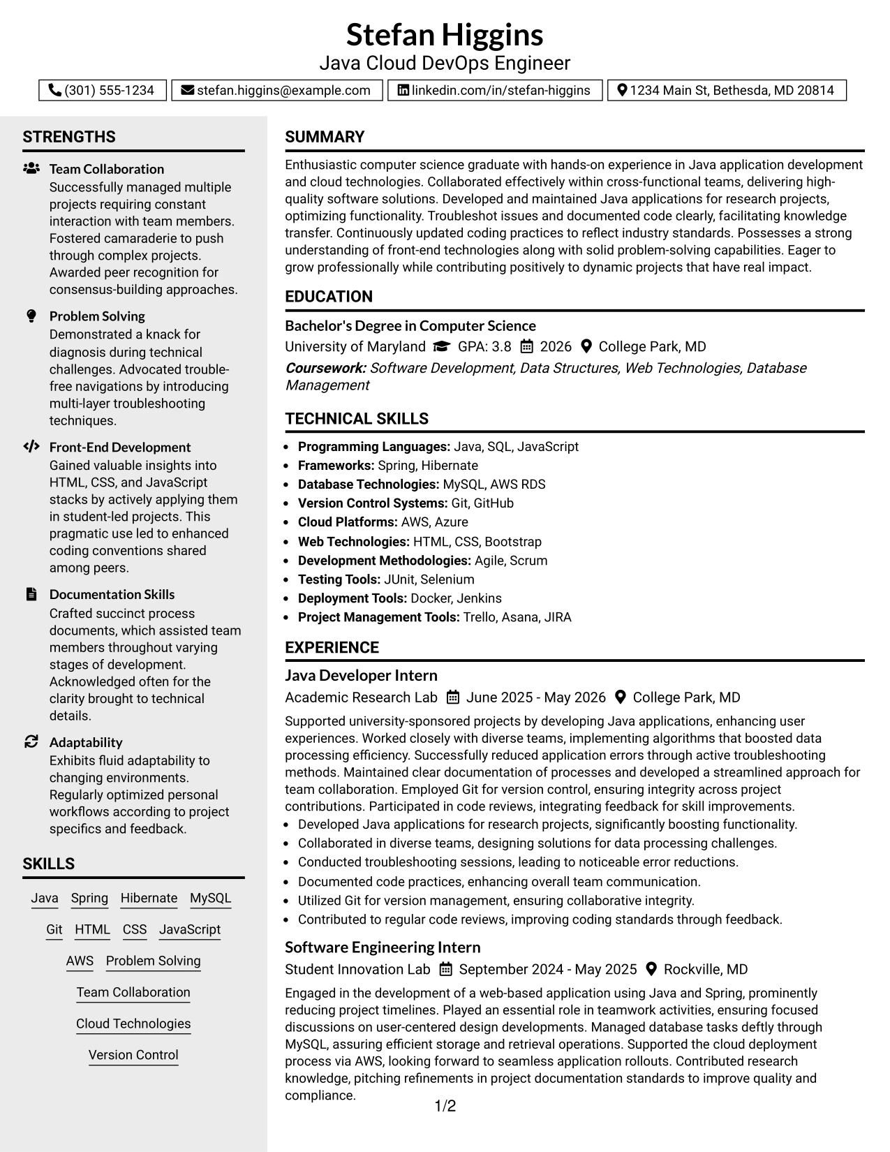 Resume Example Page 1