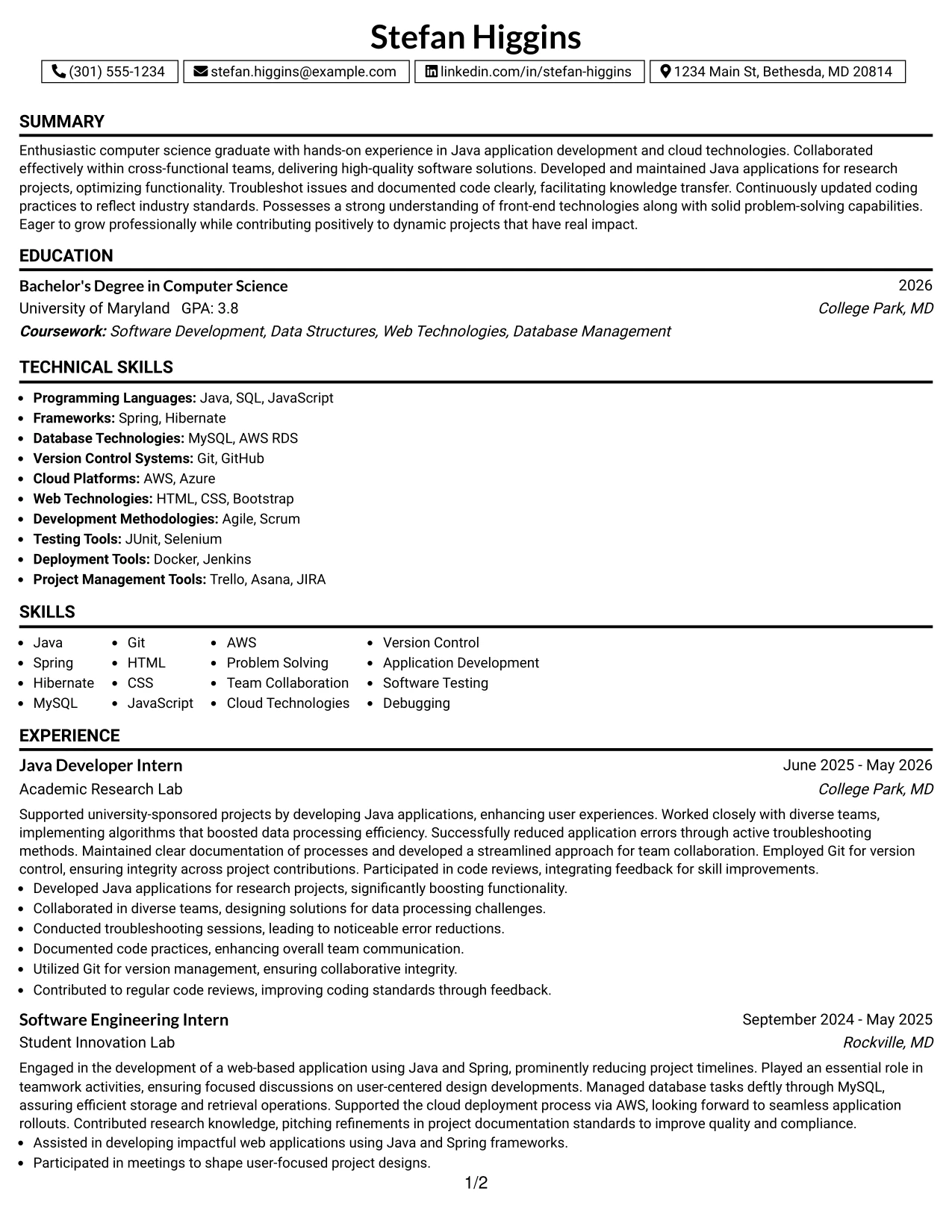 Resume Example Page 1
