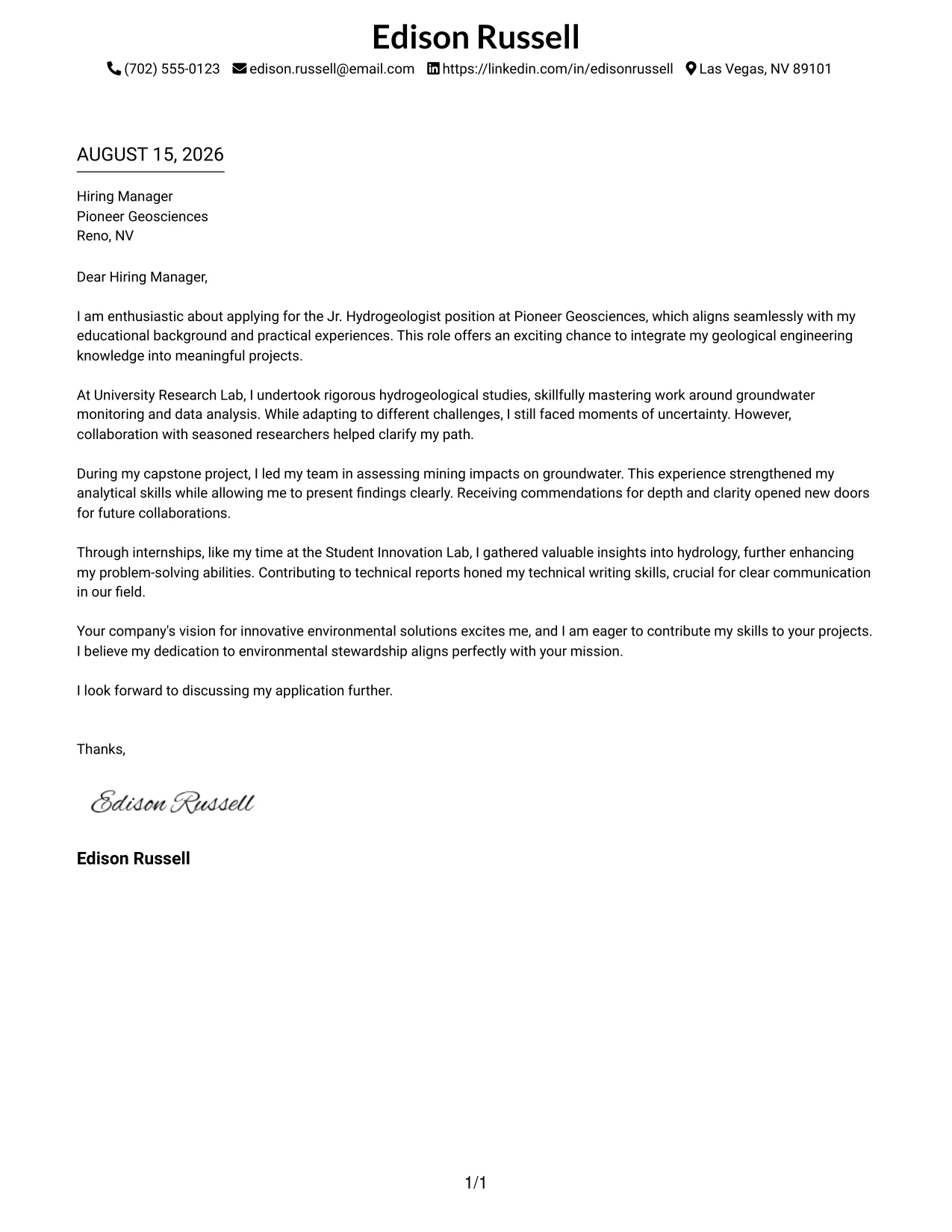 Resume Example Page 1