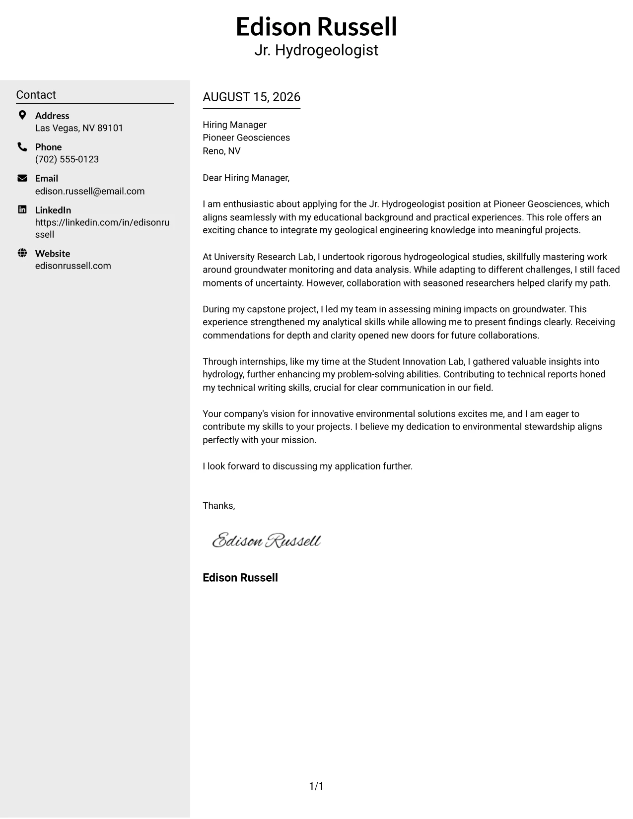 Resume Example Page 1