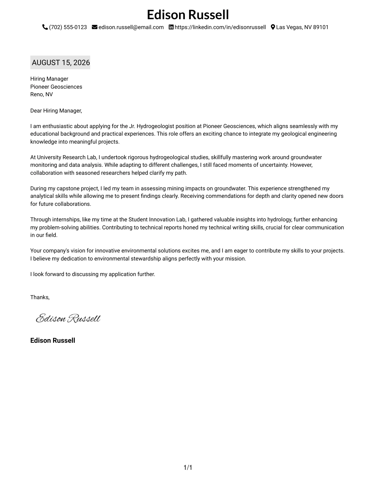 Resume Example Page 1
