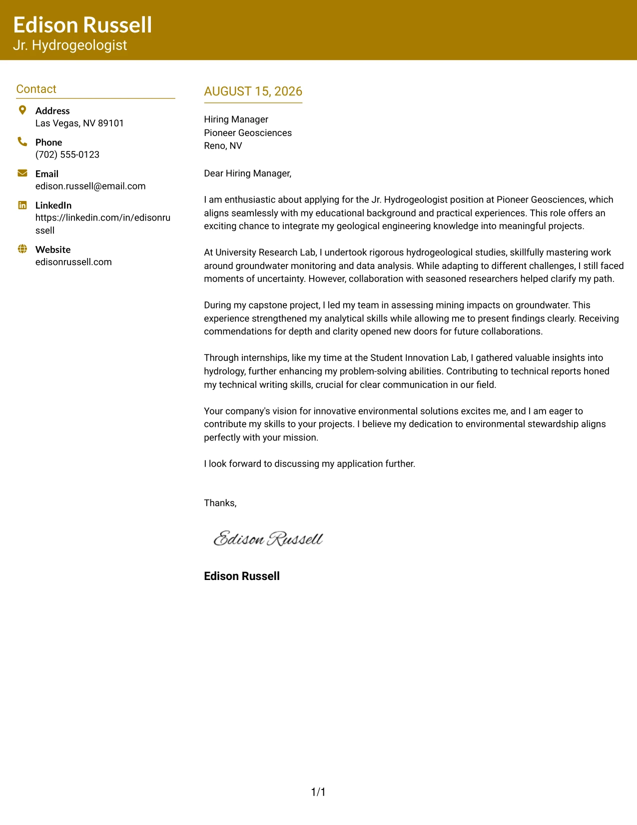 Resume Example Page 1