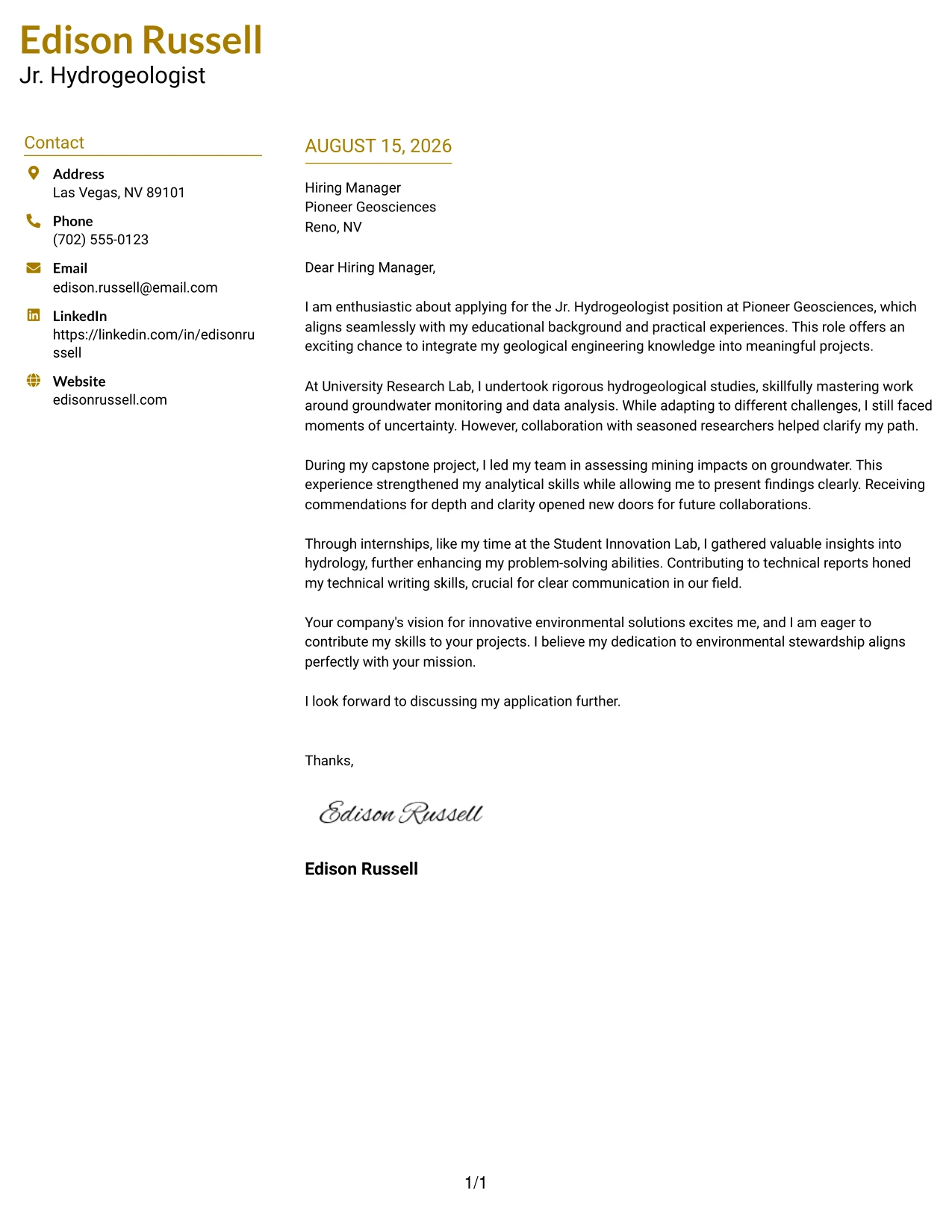 Resume Example Page 1