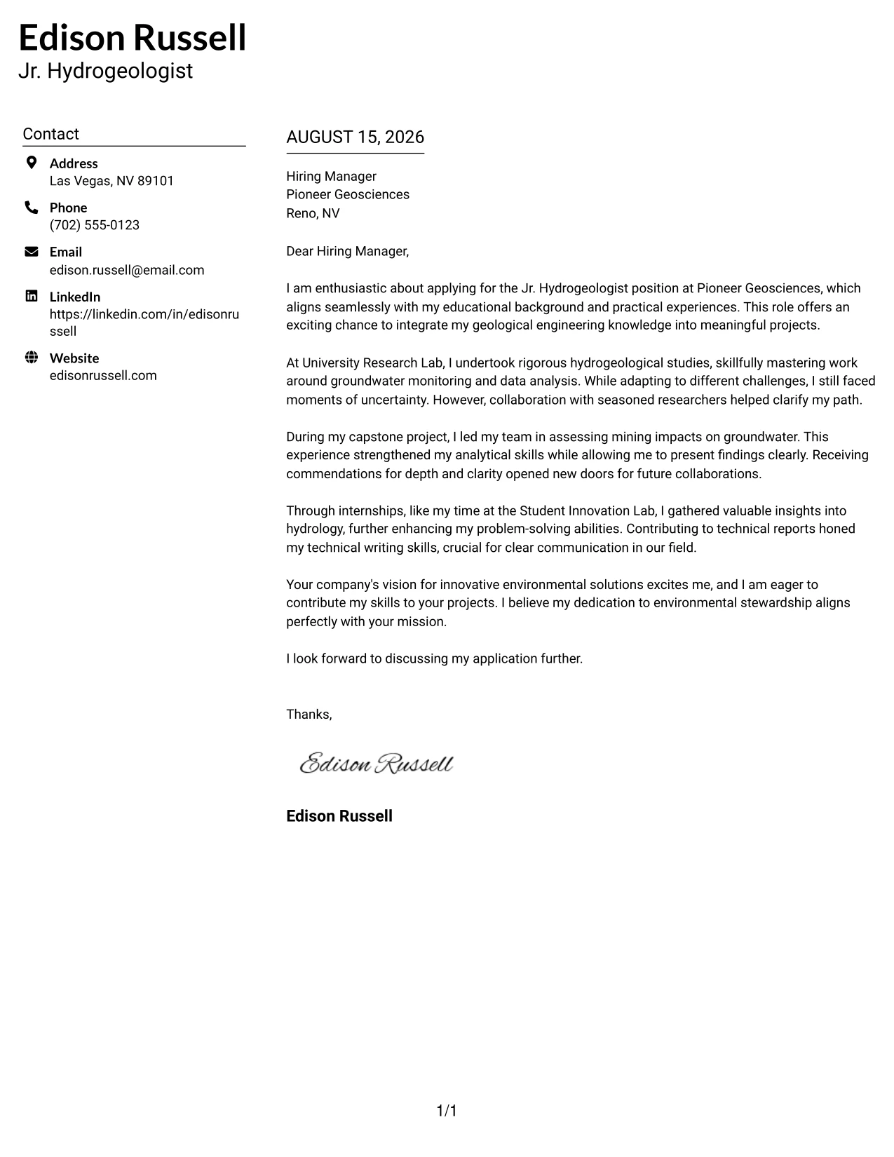 Resume Example Page 1