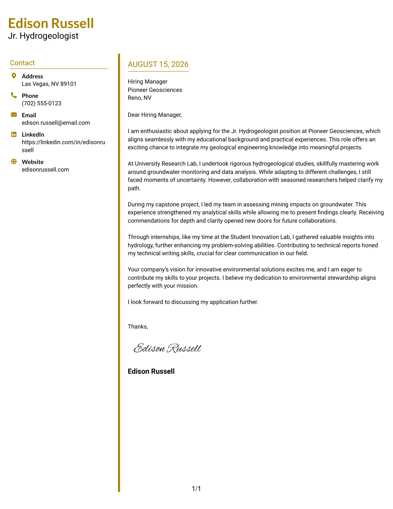 Resume Example Page 1