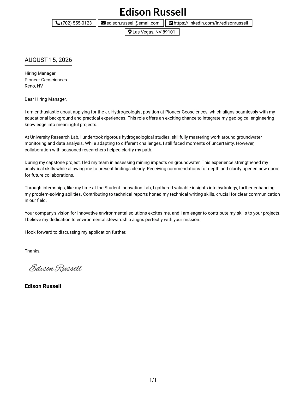 Resume Example Page 1